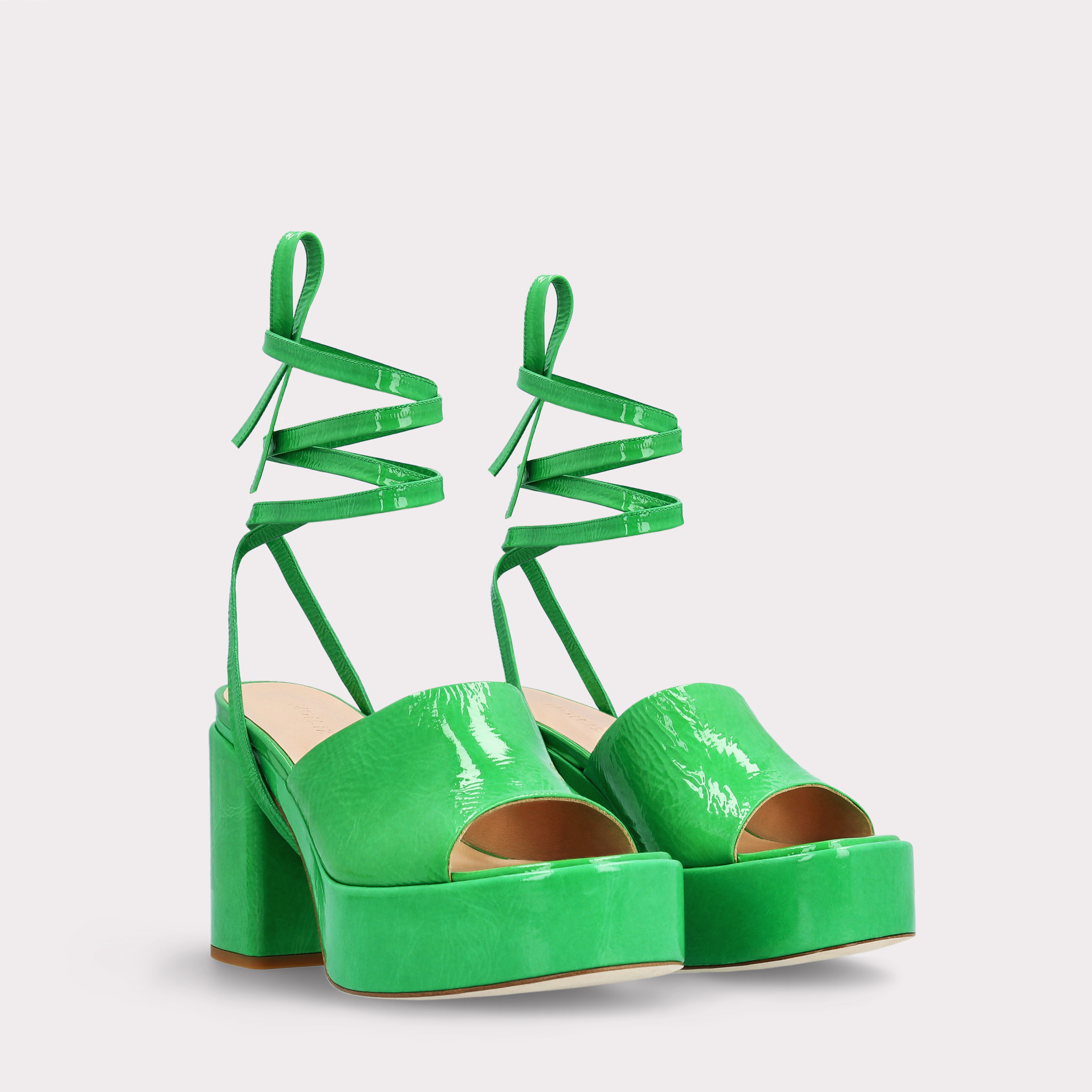 AKAADA 02 GREEN CRUSHED PATENT LEATHER SANDALS
