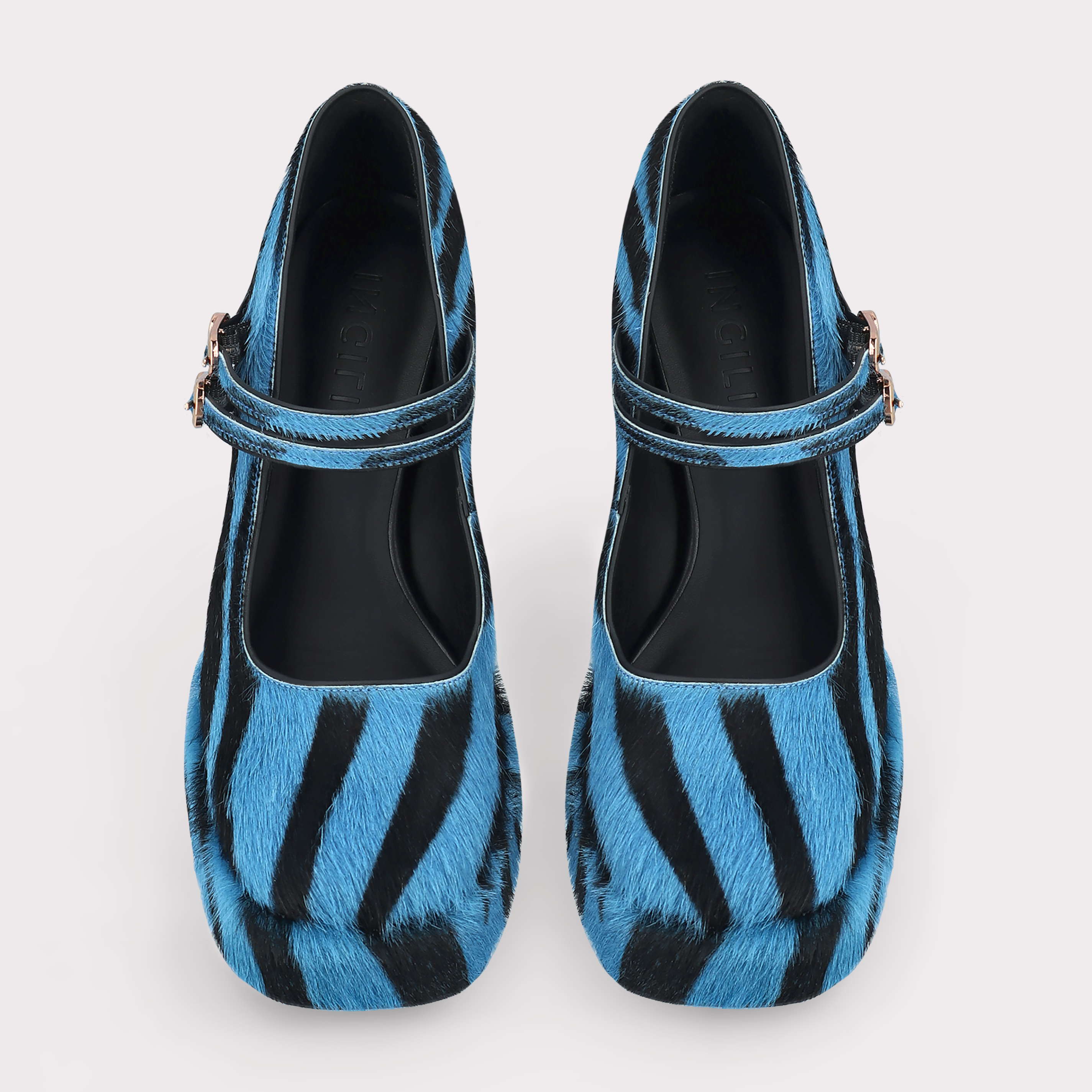 CINDY BEBE TWO 01 BLUE ZEBRA PRINT CALF HAIR PUMPS