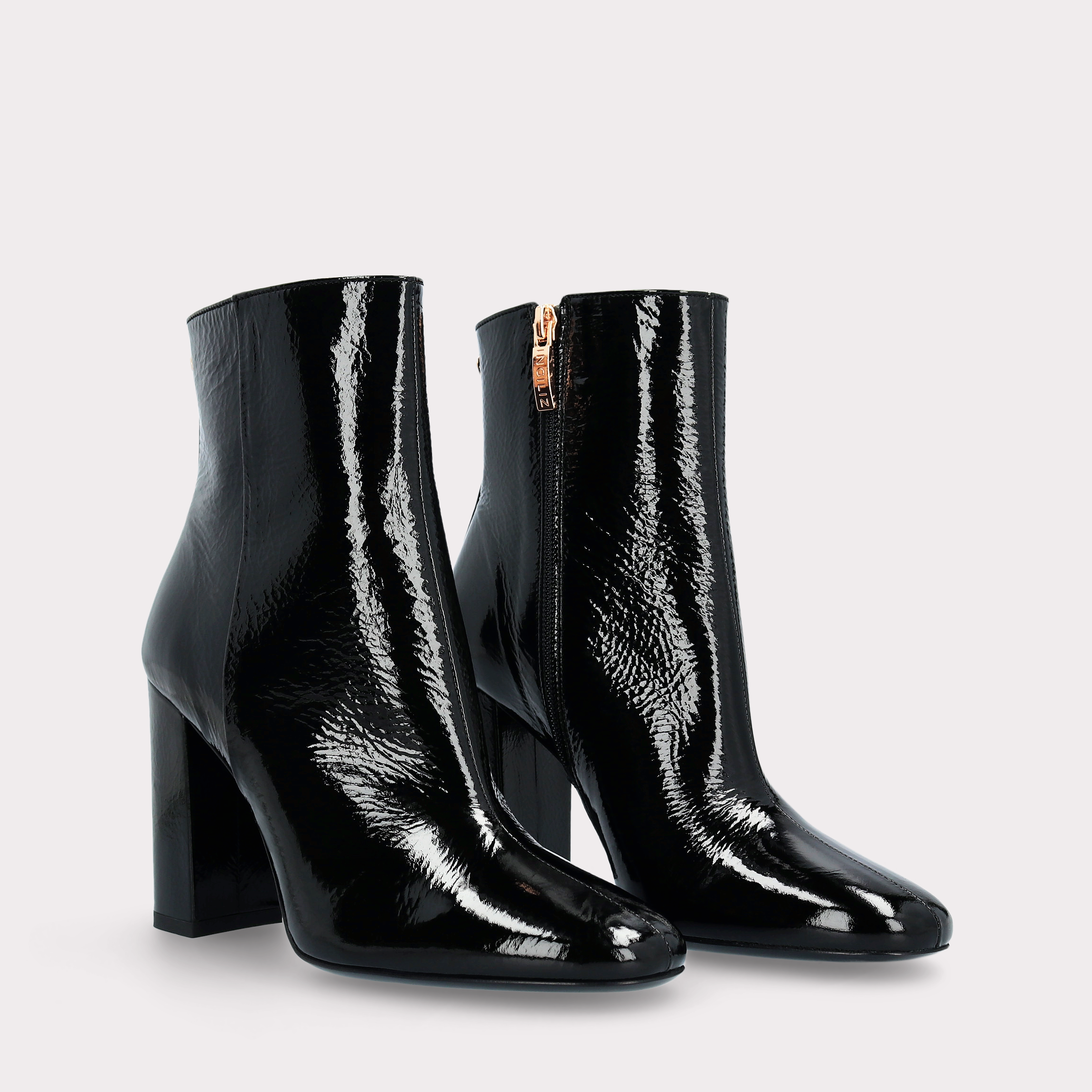 DELMA ZIP 02 BLACK CRUSHED PATENT LEATHER ANKLE BOOTS