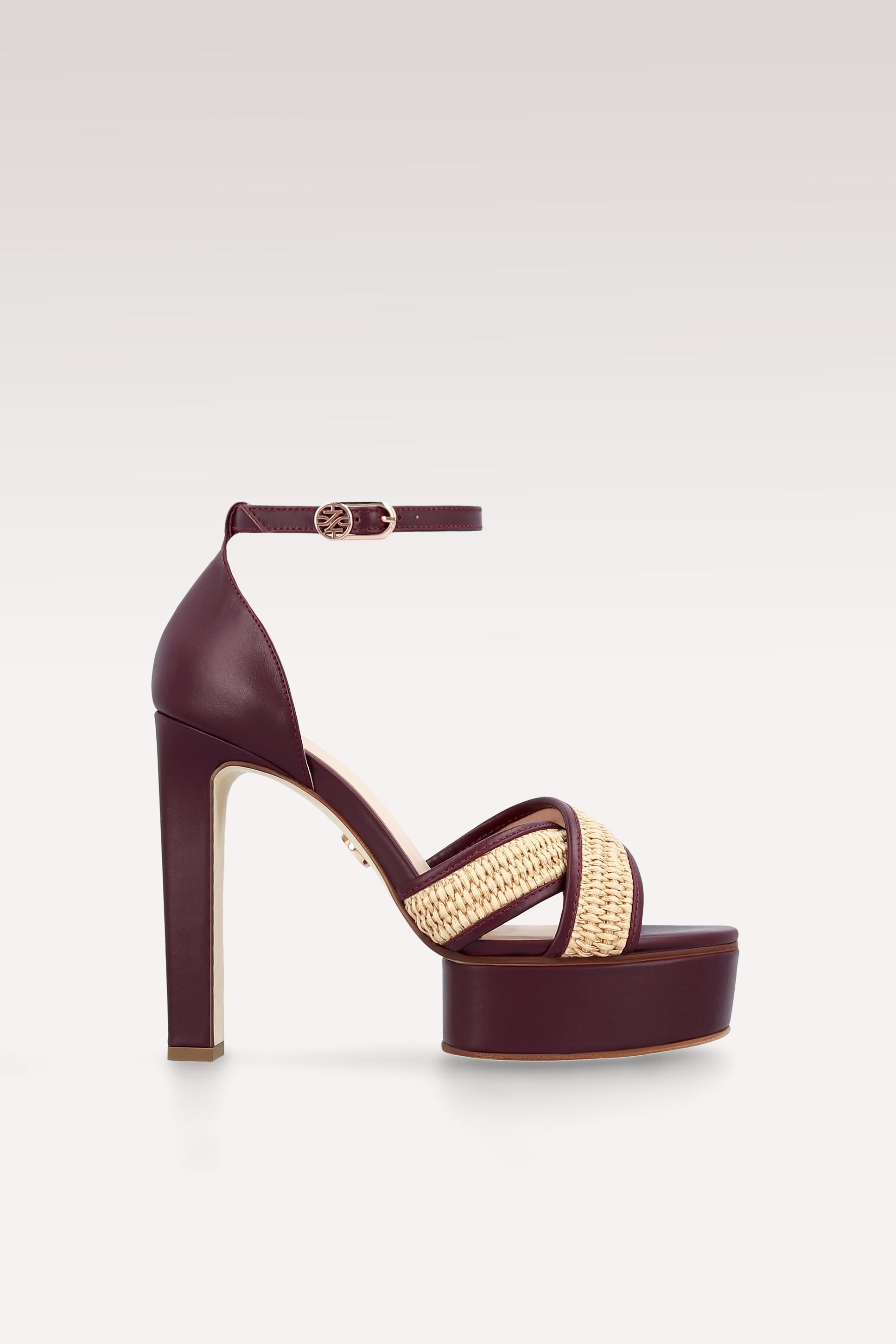 PATTY RAFFIA AND BORDEAUX LEATHER PLATFORM SANDALS
