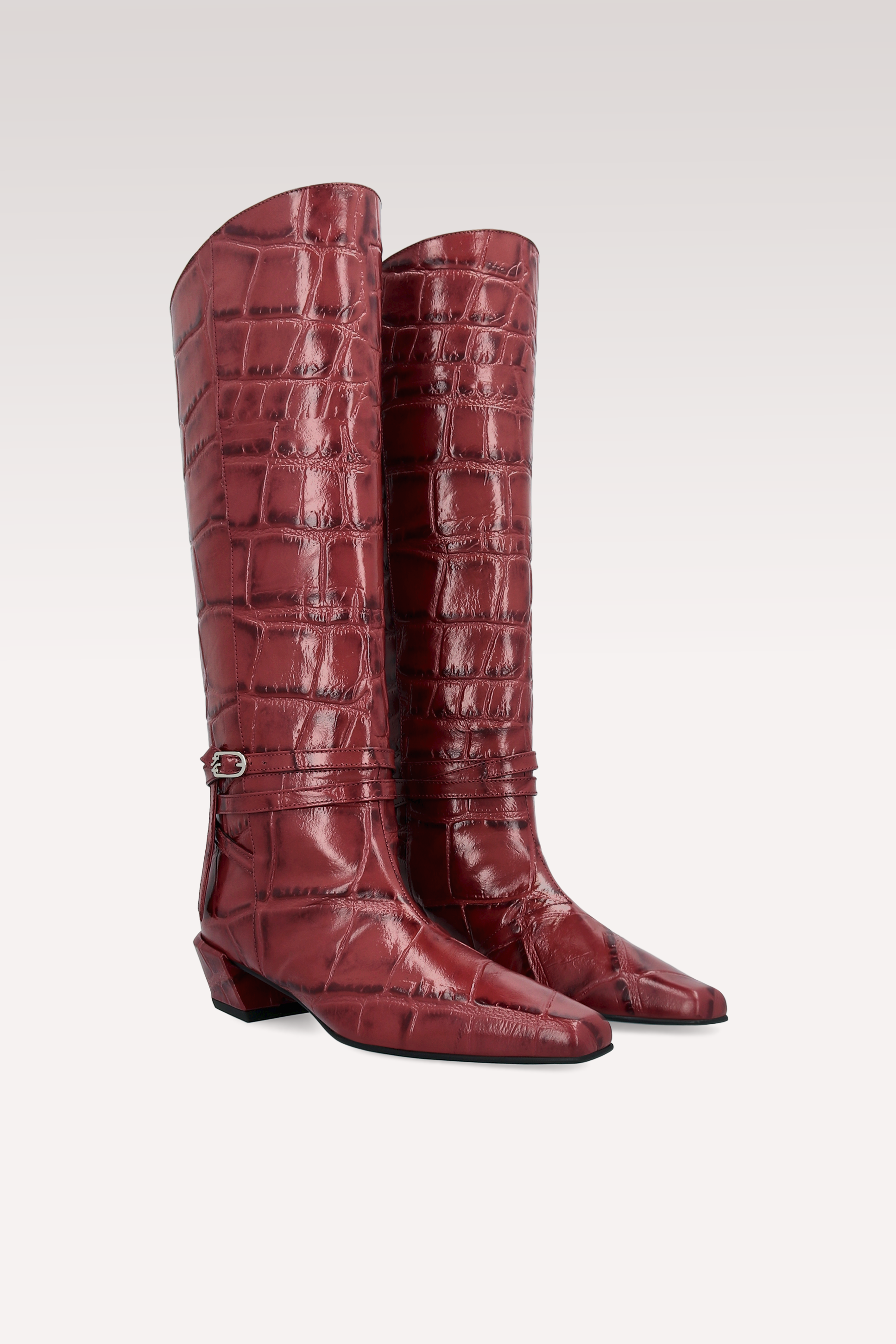 EMMA CHERRY COCCO EMBOSSED LEATHER BOOTS AND KEIRA 2 LEATHER BELT