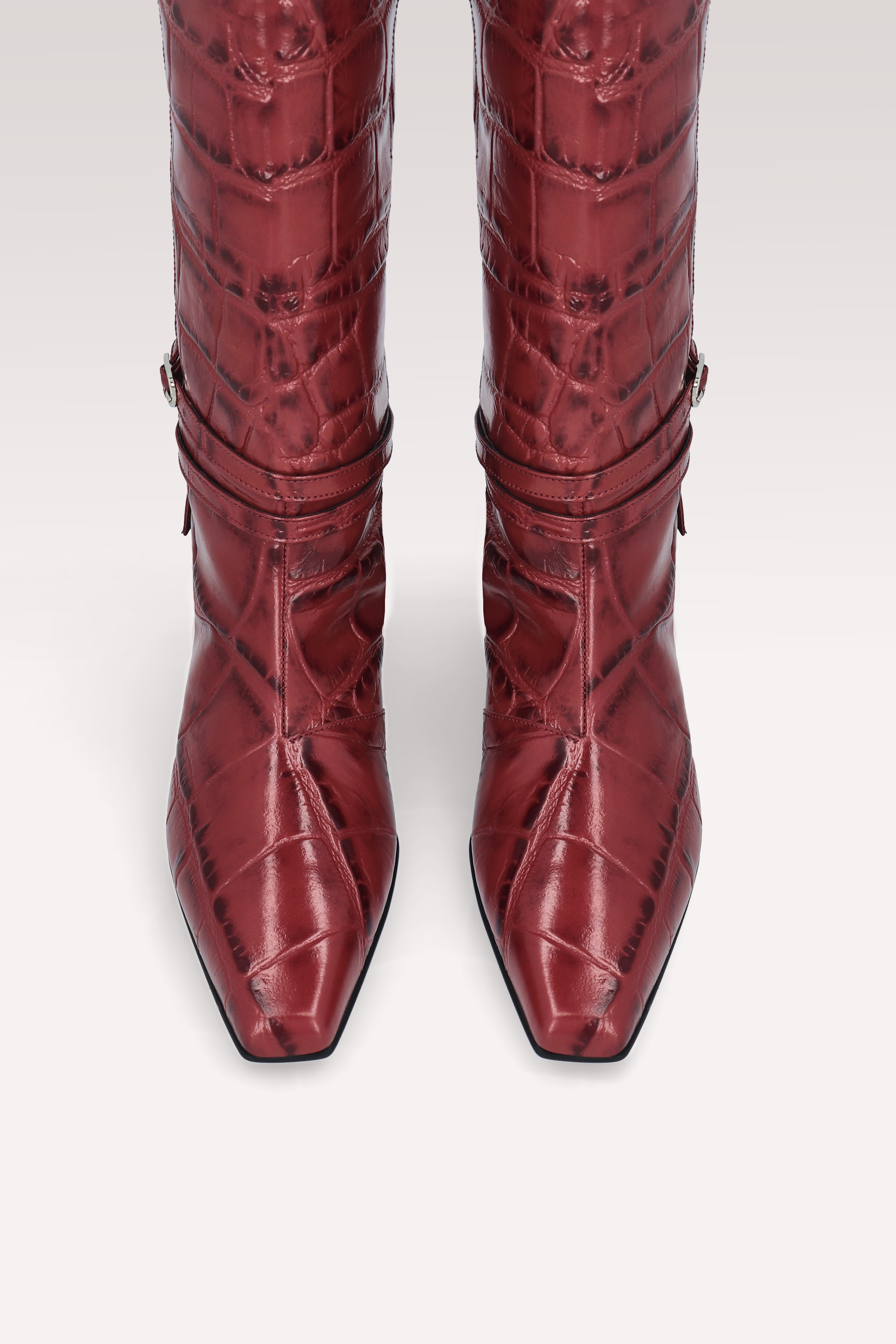 EMMA CHERRY COCCO EMBOSSED LEATHER BOOTS AND KEIRA 2 LEATHER BELT