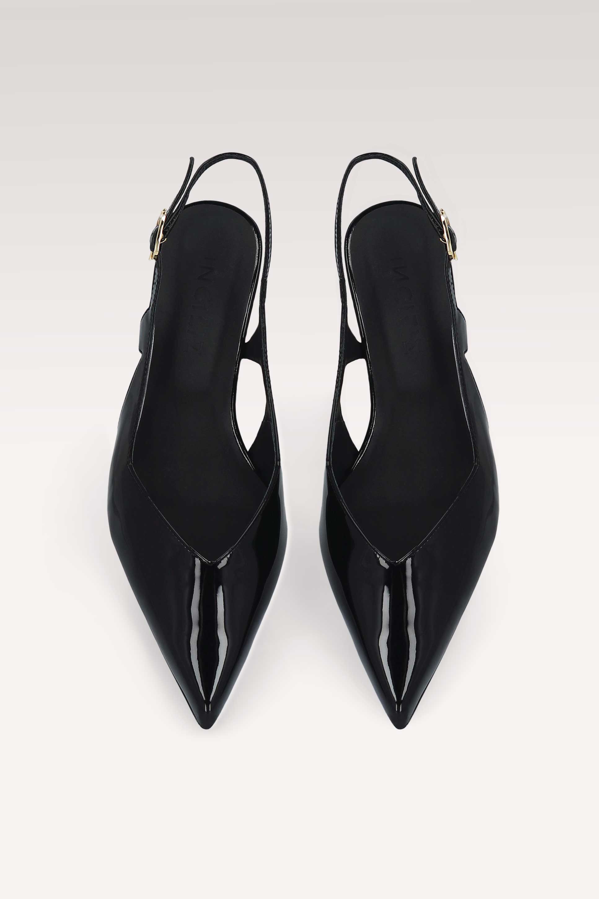 ORCHID BLACK PATENT LEATHER SLINGBACK PUMPS AND DALIA SEMI PATENT LEATHER SHOULDER BAG