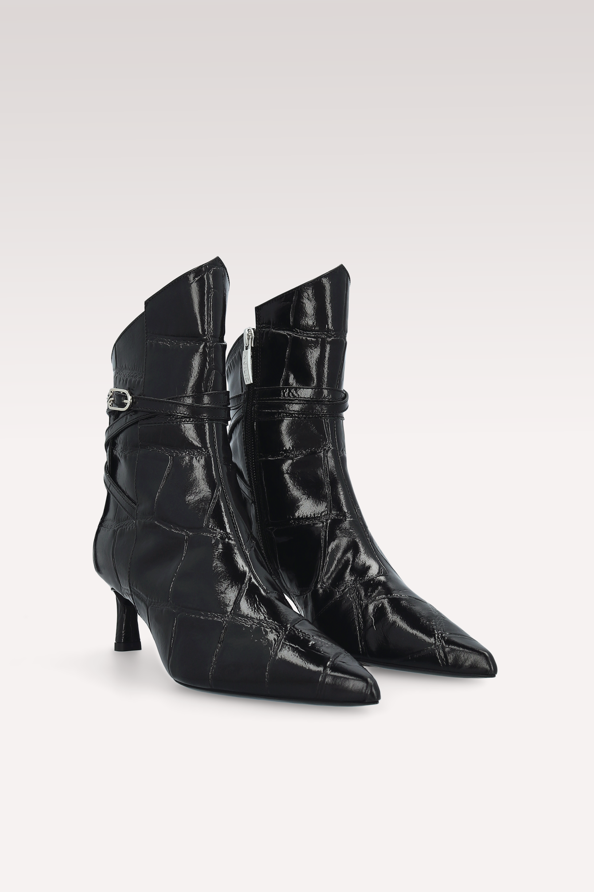 ORIANA BLACK COCCO EMBOSSED LEATHER ANKLE BOOTS AND MILLY MINI BAG
