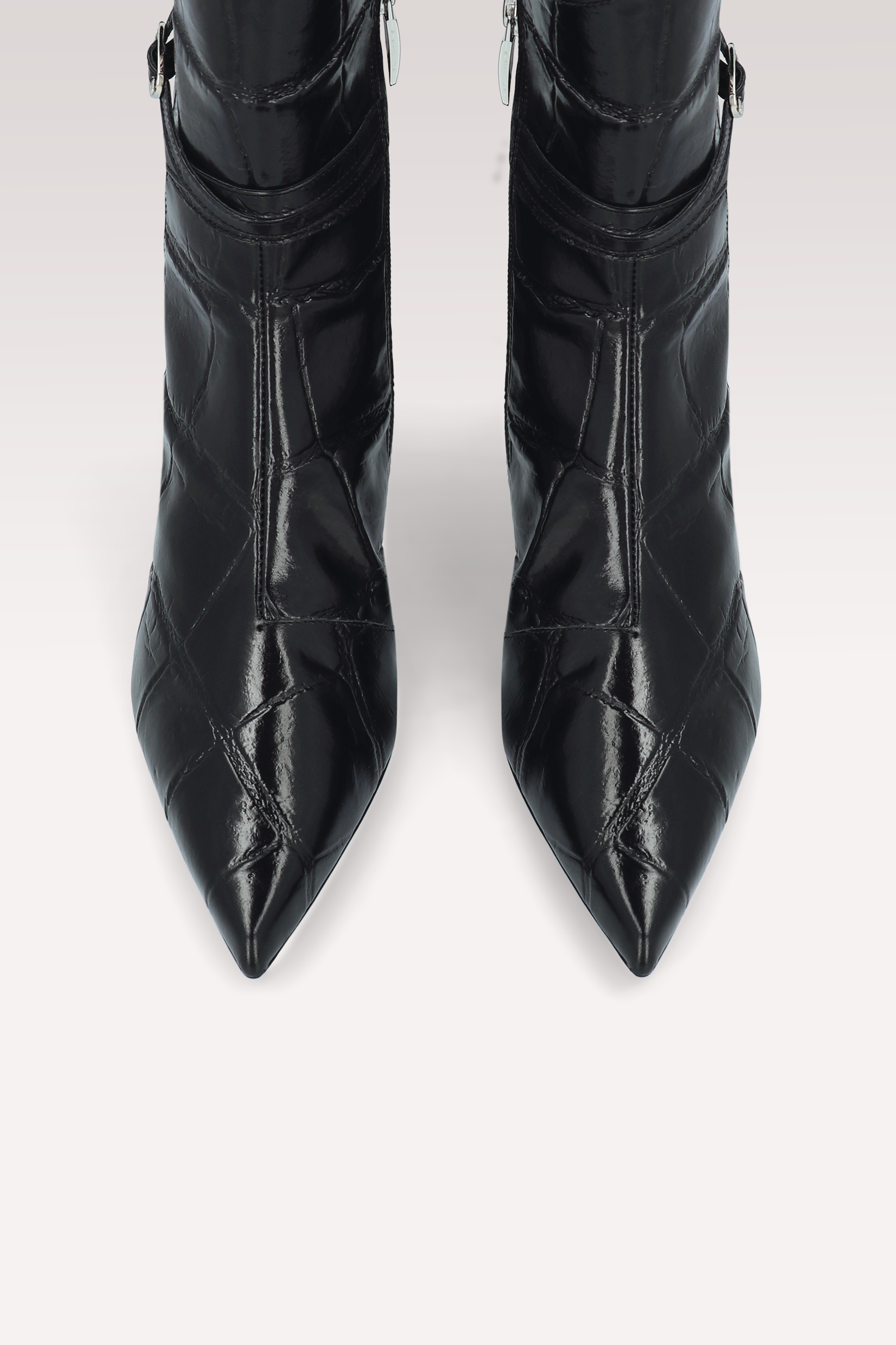 ORIANA BLACK COCCO EMBOSSED LEATHER ANKLE BOOTS AND MILLY MINI BAG