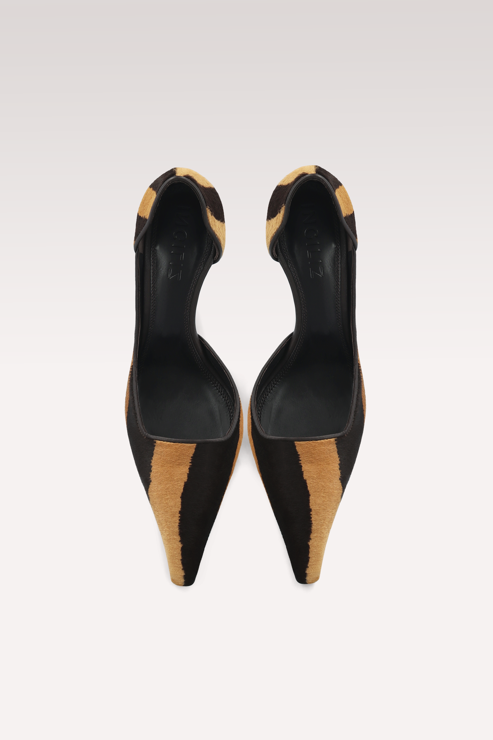 VERTEX BROWN TIGER PRINT HAIR LEATHER PUMPS AND SERAFINE BLACK LEATHER BELT