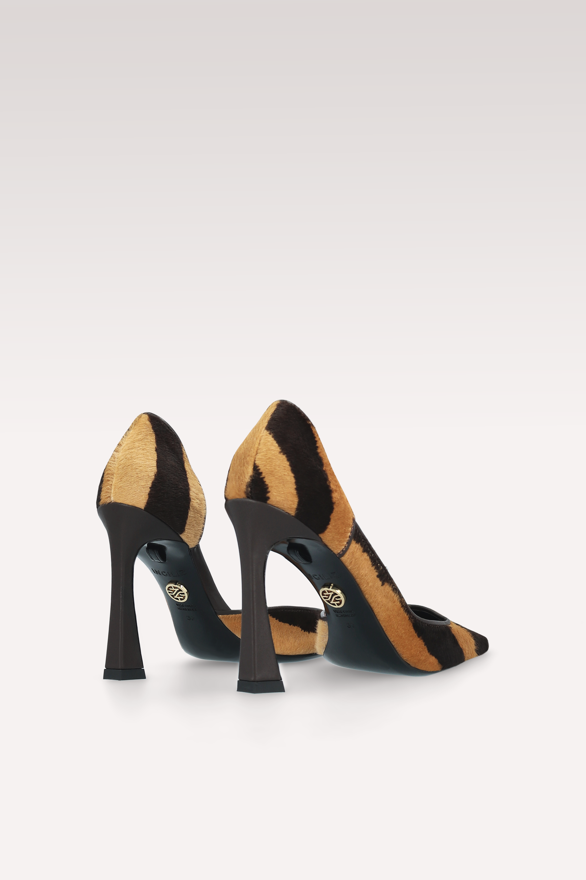 VERTEX BROWN TIGER PRINT HAIR LEATHER PUMPS AND SERAFINE BLACK LEATHER BELT