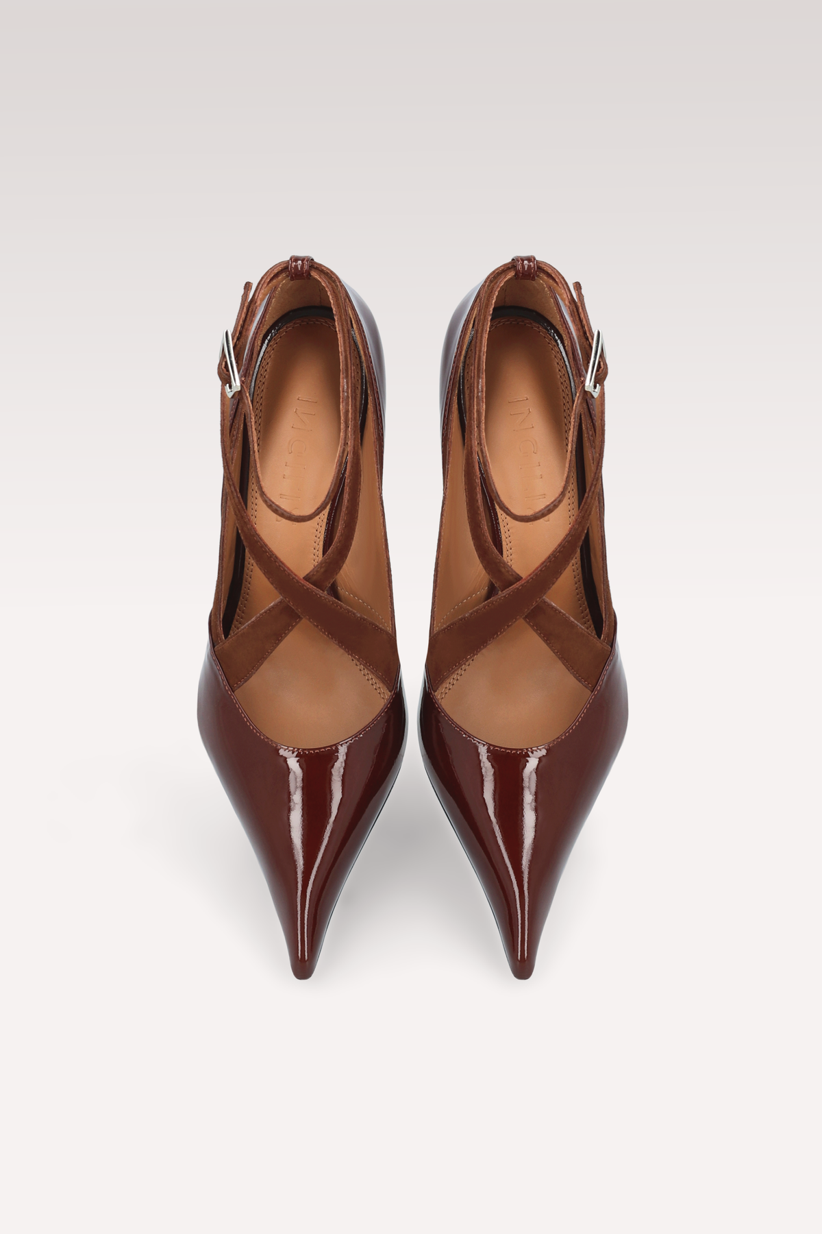 NOCTIS CHOCOLATE BROWN PATENT LEATHER AND SUEDE PUMPS