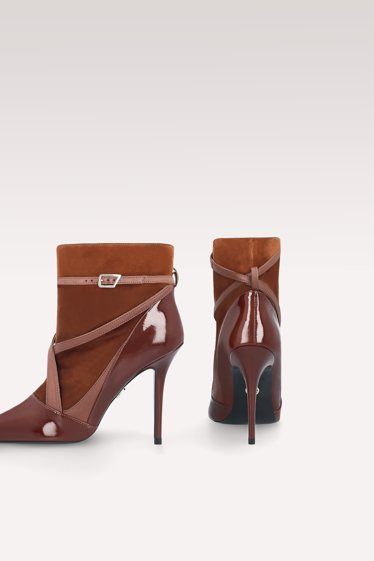ORION CHOCOLATE BROWN PATENT LEATHER AND SUEDE ANKLE BOOTS