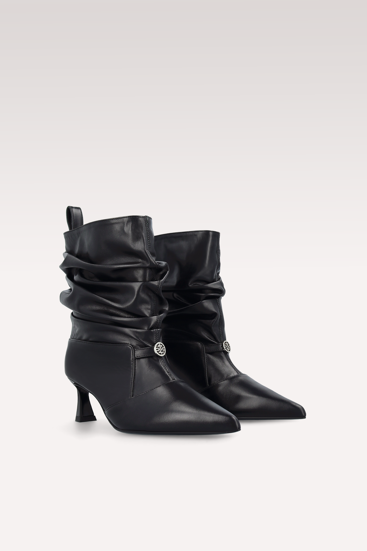 MIRA RUCHED BLACK LEATHER ANKLE BOOTS