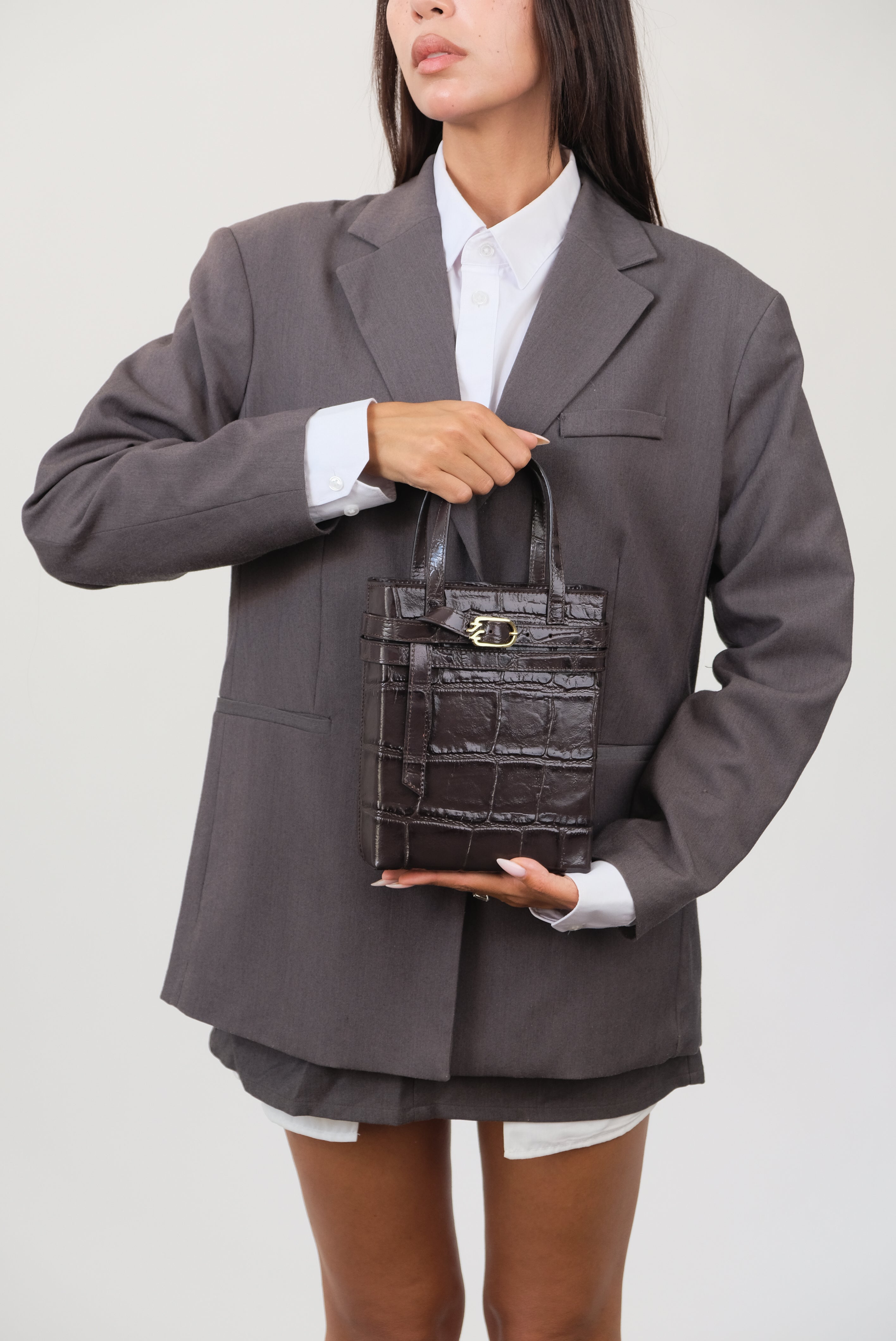 CARRIE BROWN COCCO EMBOSSED LEATHER CROSSBODY BAG