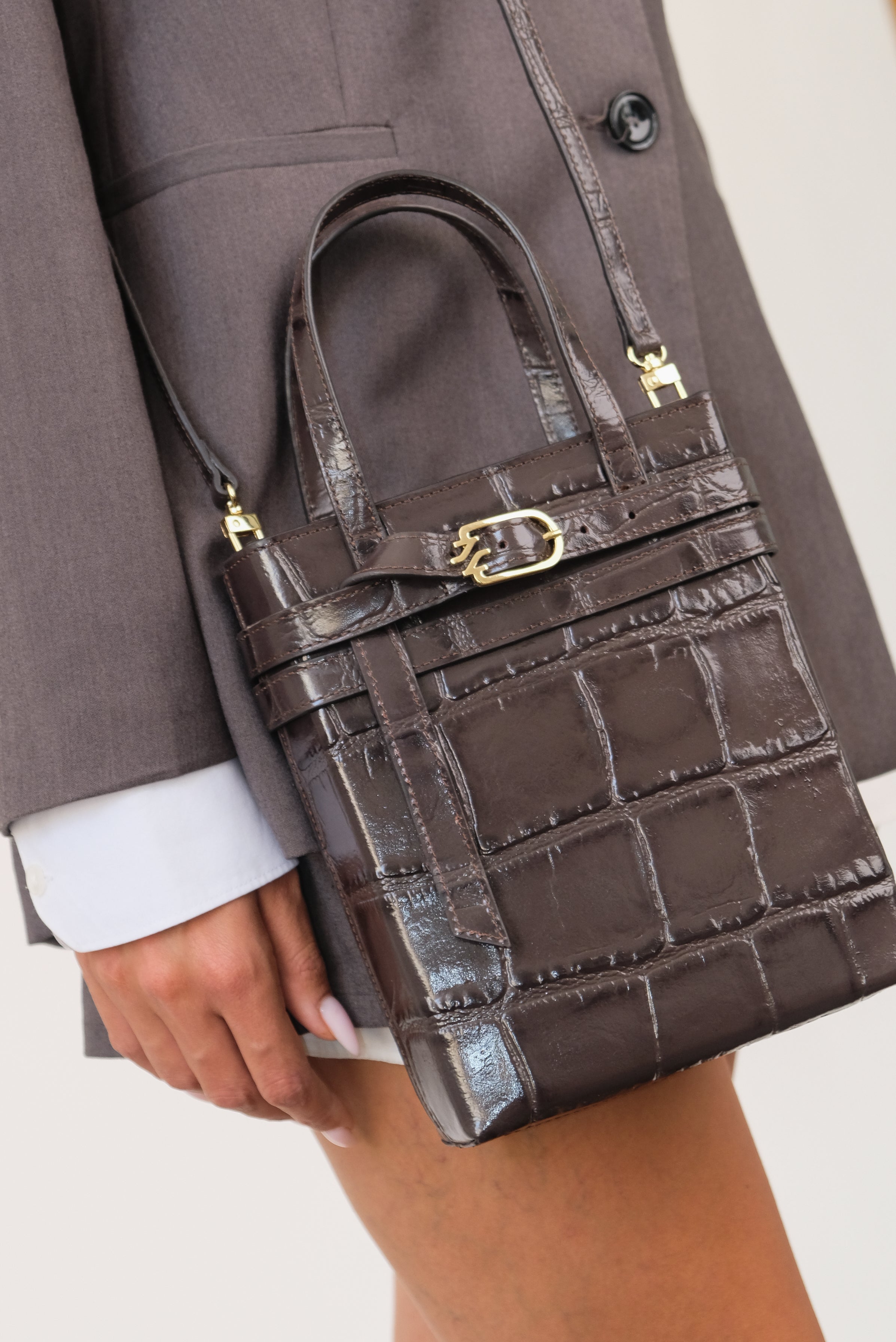 EMMA BROWN COCCO EMBOSSED LEATHER BOOTS AND CARRIE CROSSBODY BAG