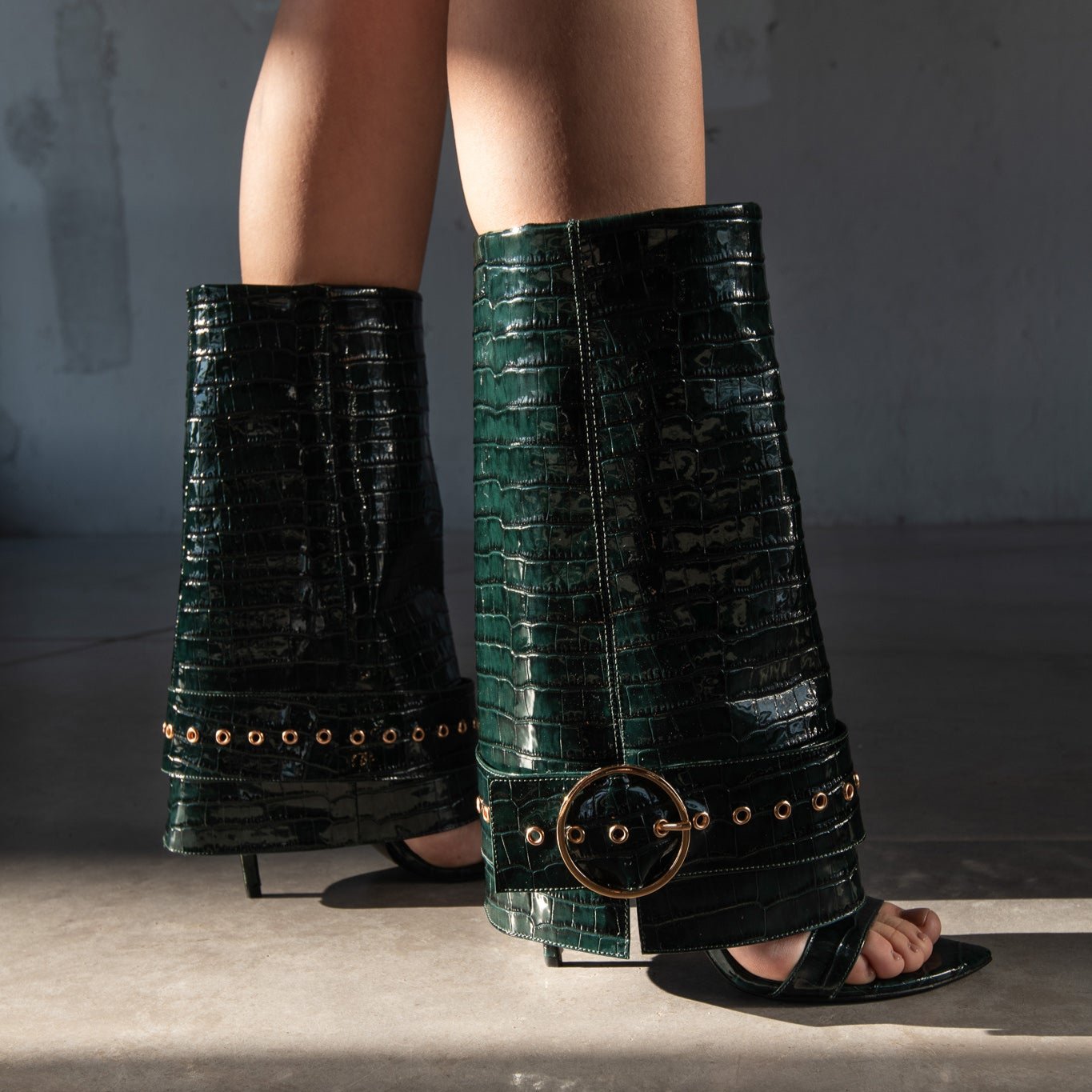ADELE 02 GREEN PATENT CROCO EMBOSSED LEATHER SANDALS