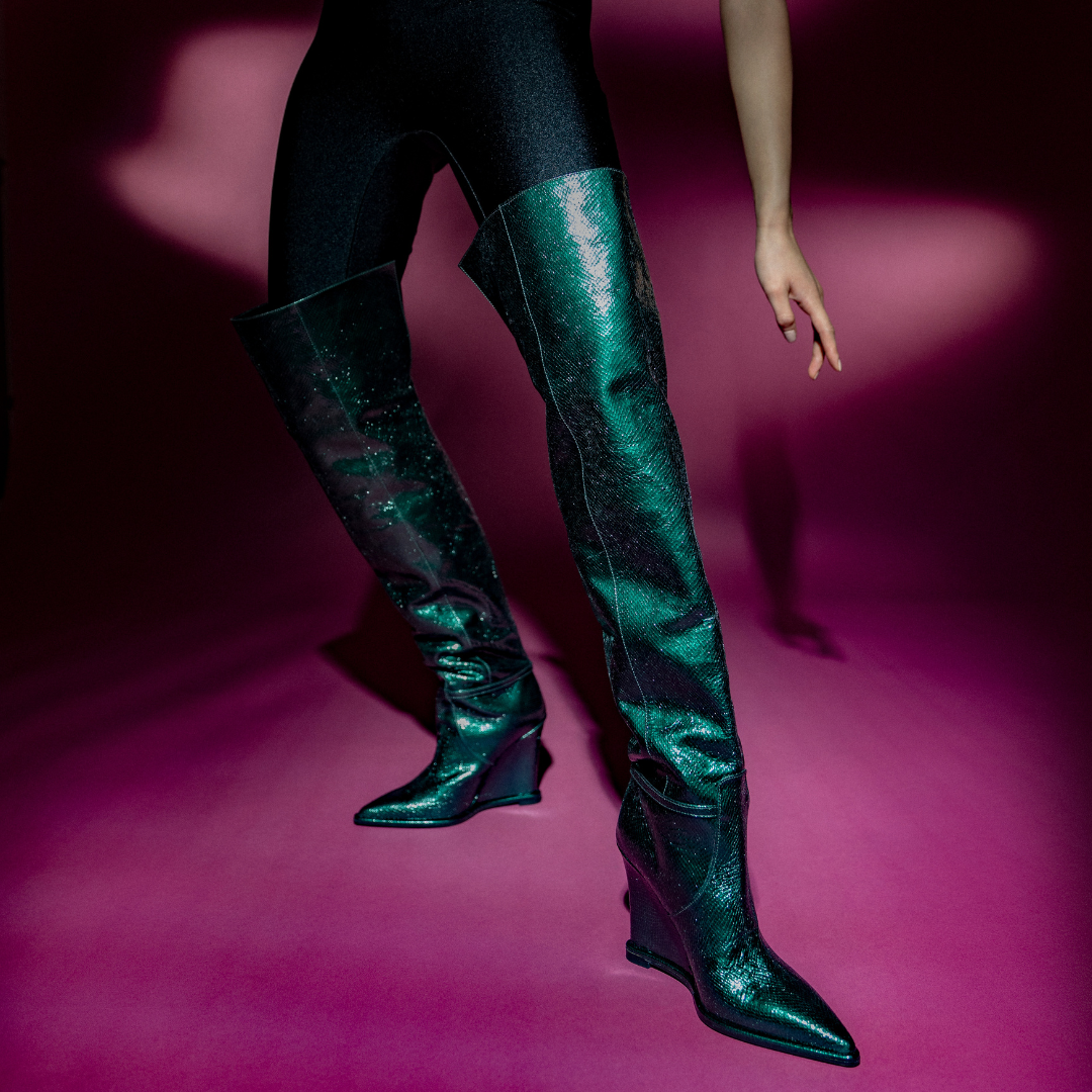 MONA LISA 02 MOS GREEN MINI VIPER EMBOSSED LEATHER BOOTS