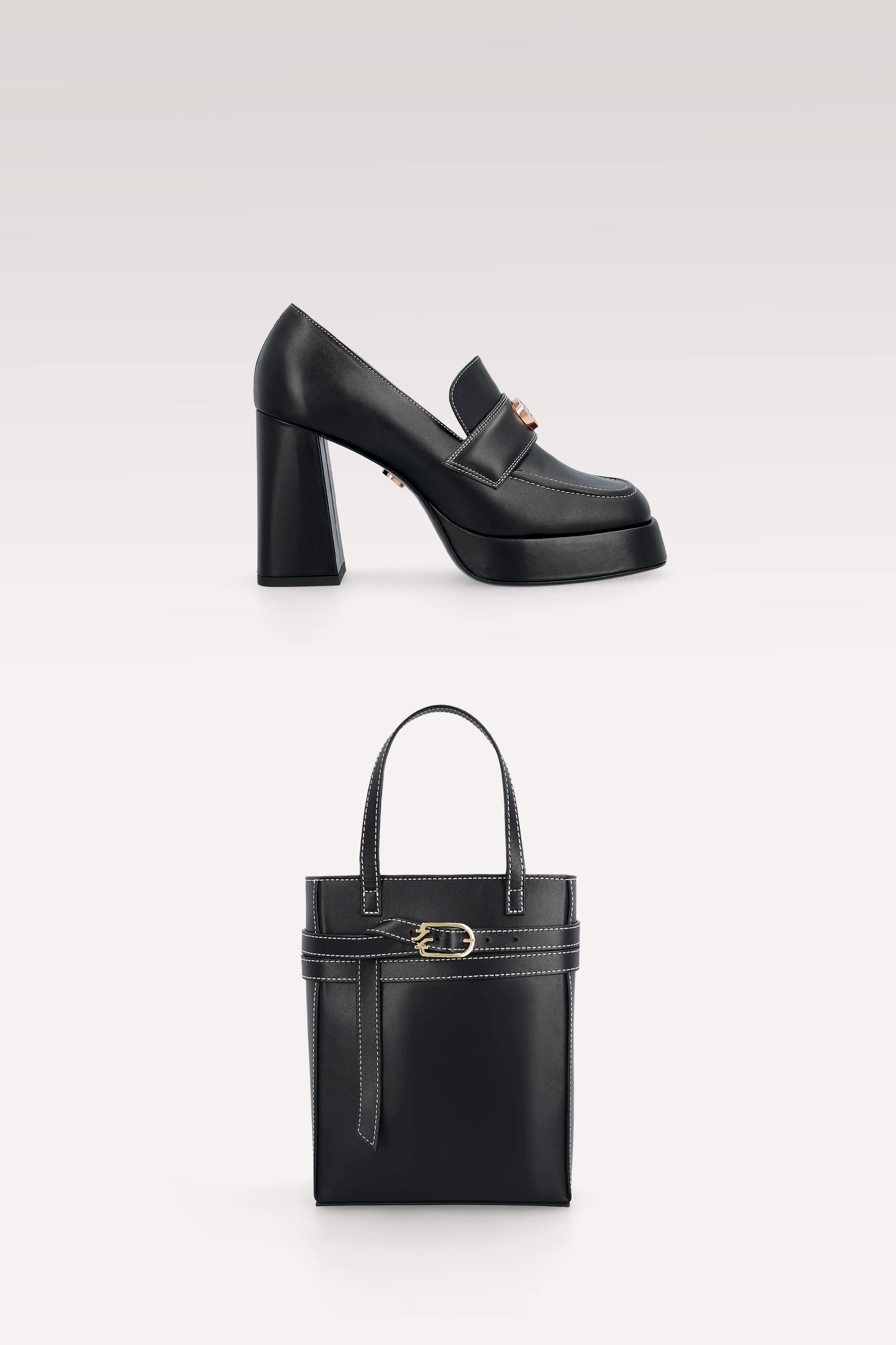 CINDY MOK 02 BLACK STITCH LEATHER PLATFORM PUMPS AND CARRIE CROSSBODY BAG
