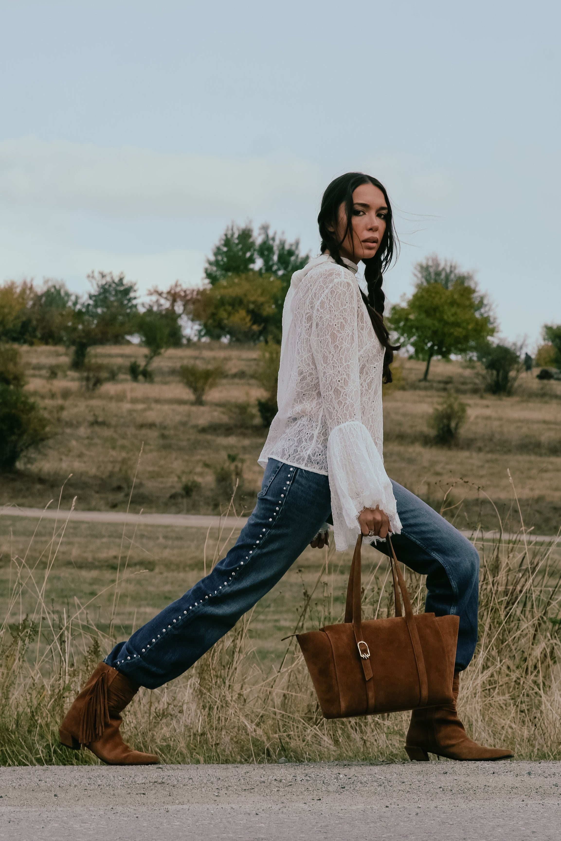 BELLA BROWN SUEDE LEATHER TOTE BAG
