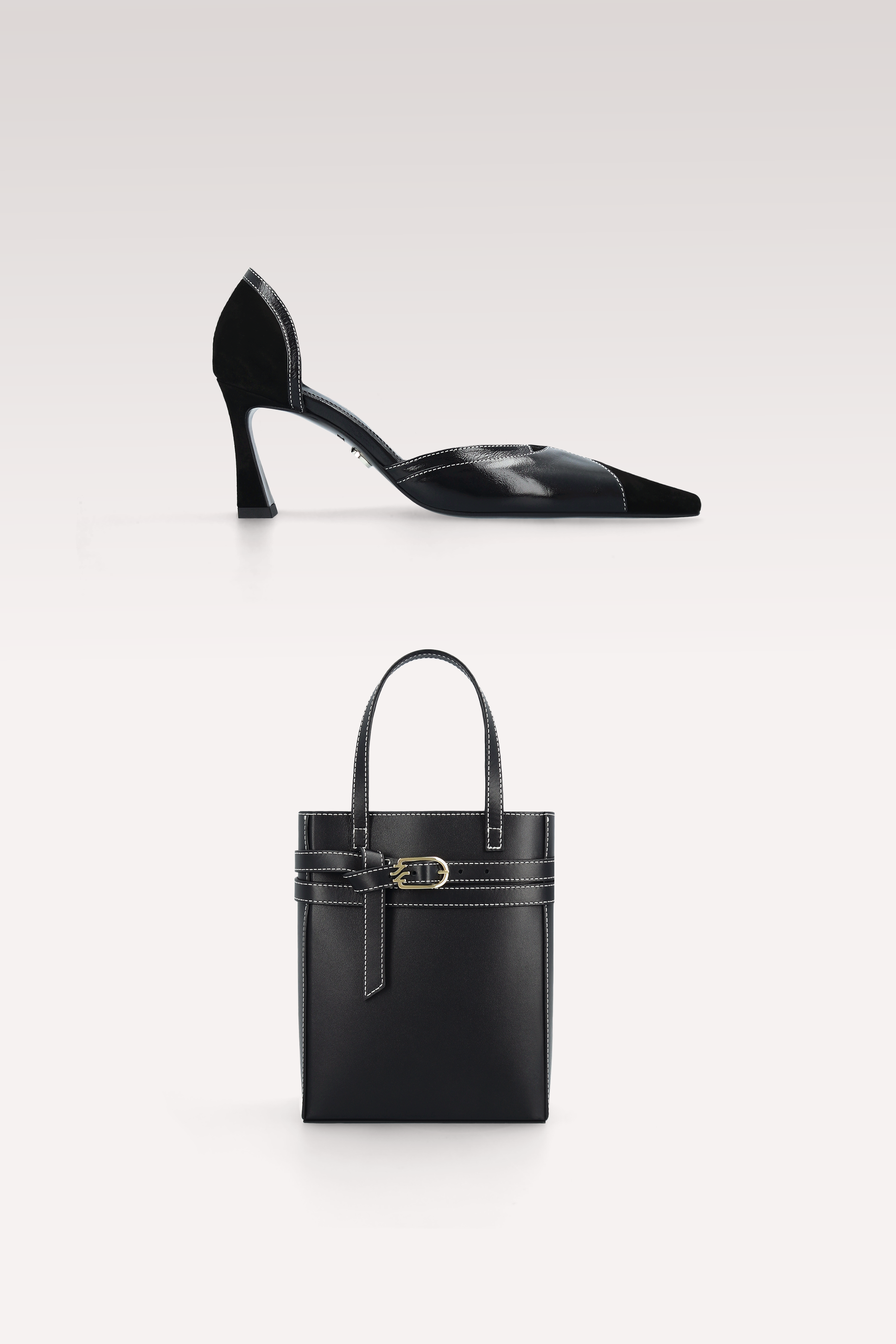 MERYL PUMPS AND CARRIE BLACK LEATHER CROSSBODY BAG WITH WHITE STITCHING