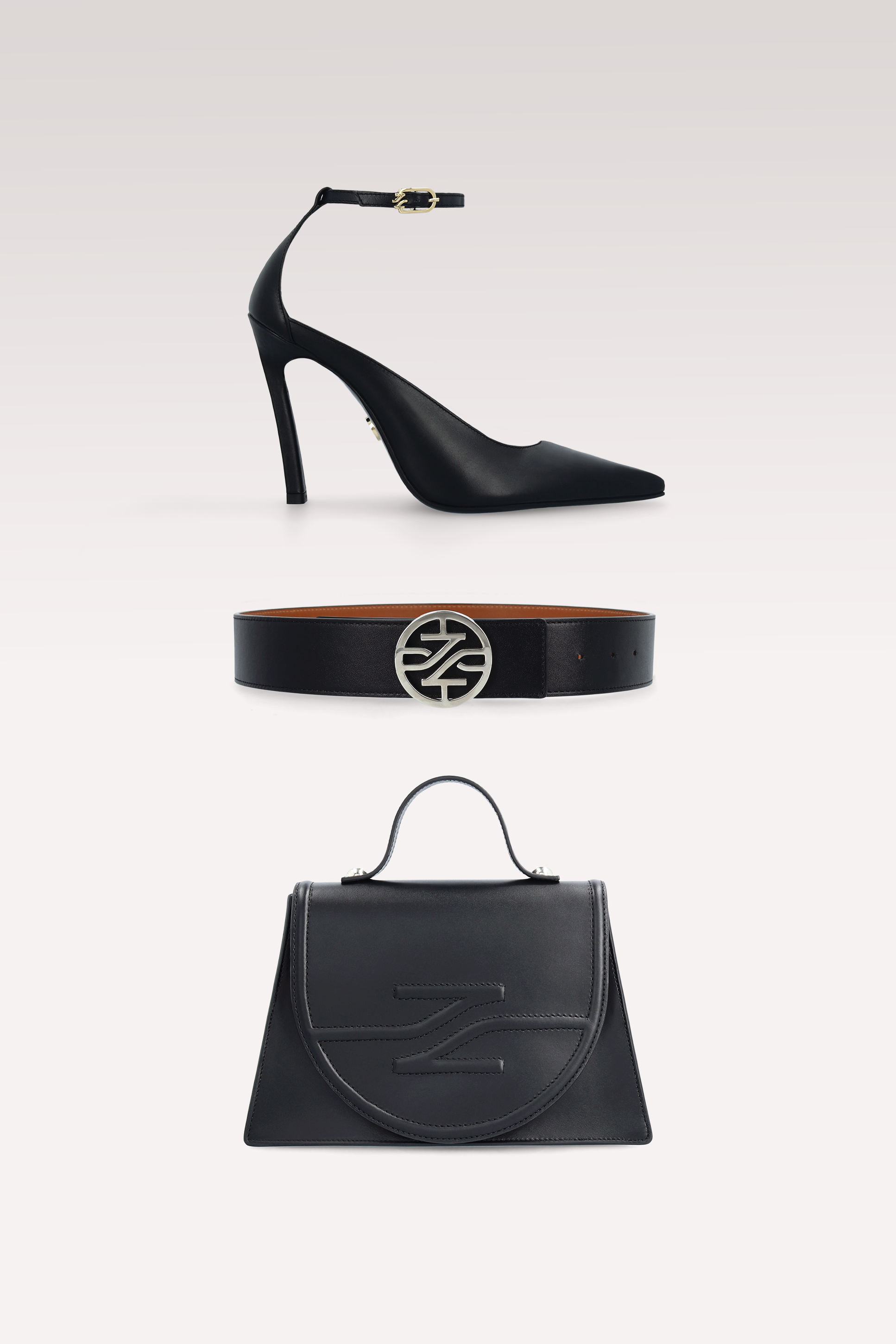 NORA BLACK NAPPA LEATHER PUMPS, COLETTE CROSSBODY BAG AND KENNIE REVERSABLE BELT