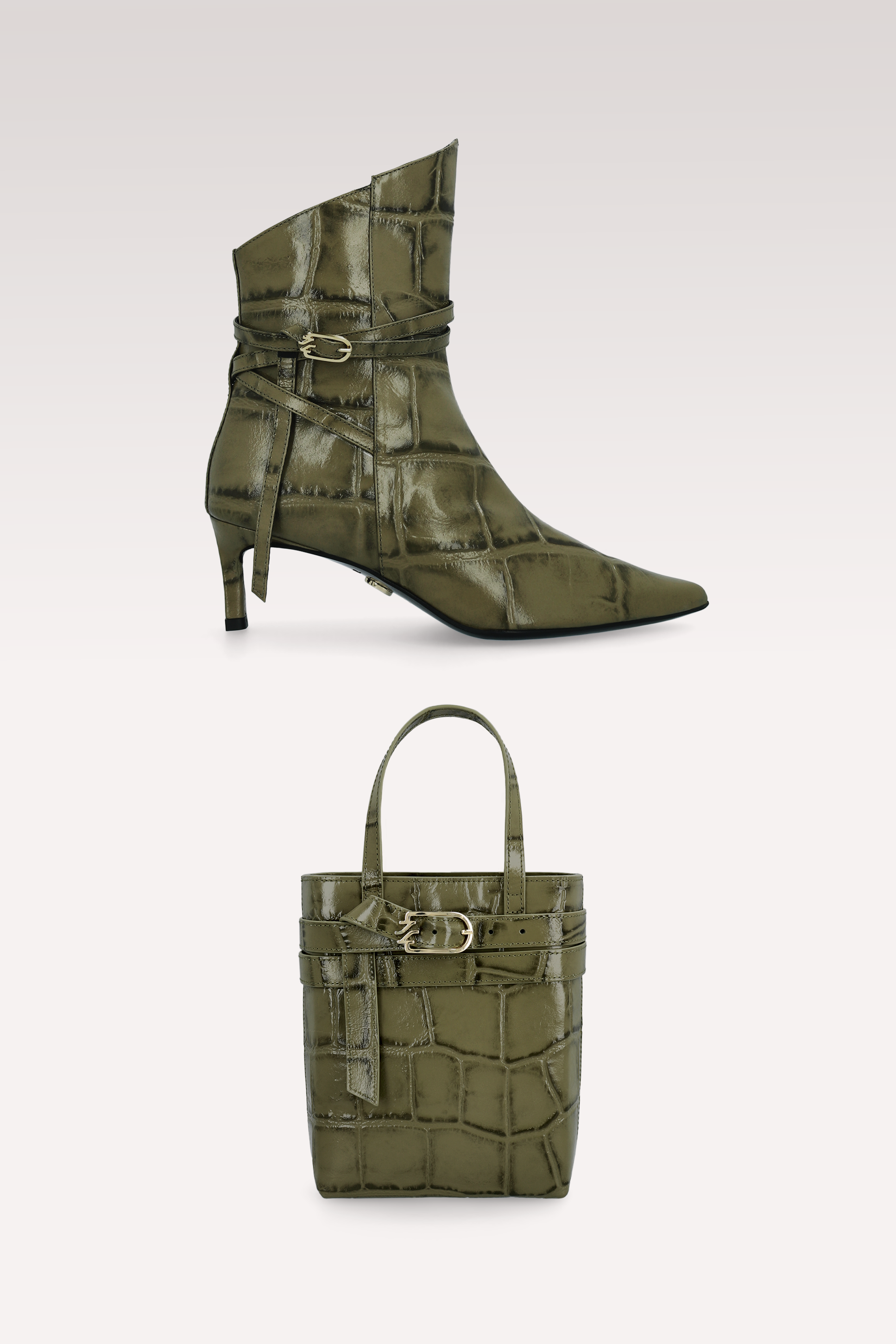 ORIANA OLIVIE COCCO EMBOSSED LEATHER ANKLE BOOTS AND CARRIE CROSSBODY BAG