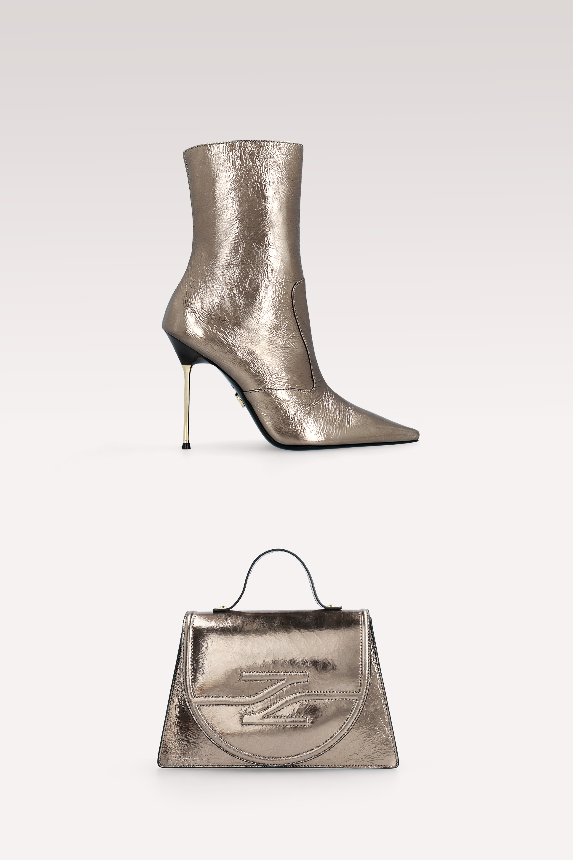 SUSAN BRASS METALLIC WRINKLED LEATHER ANKLE BOOTS AND COLETTE CROSSBODY BAG