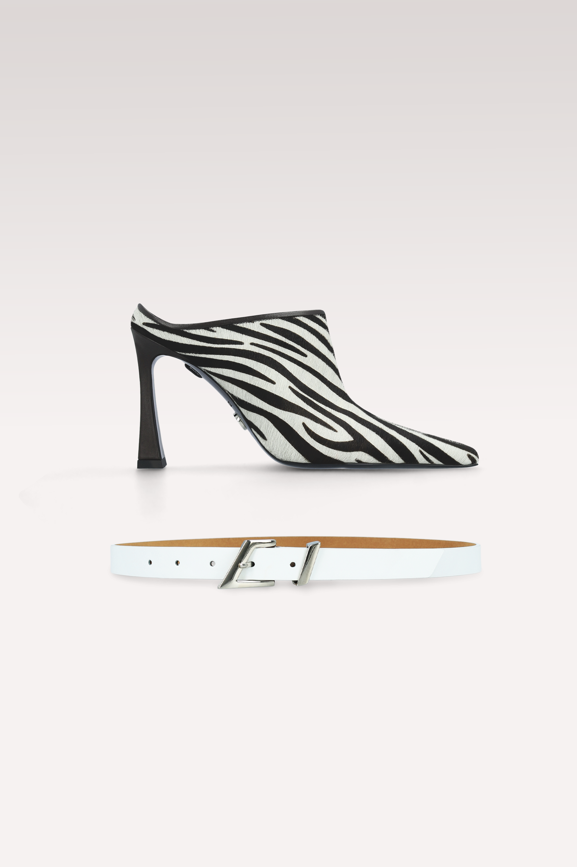VALE ZEBRA PRINT CALF HAIR LEATHER MULES AND EDGE WHITE LEATHER BELT