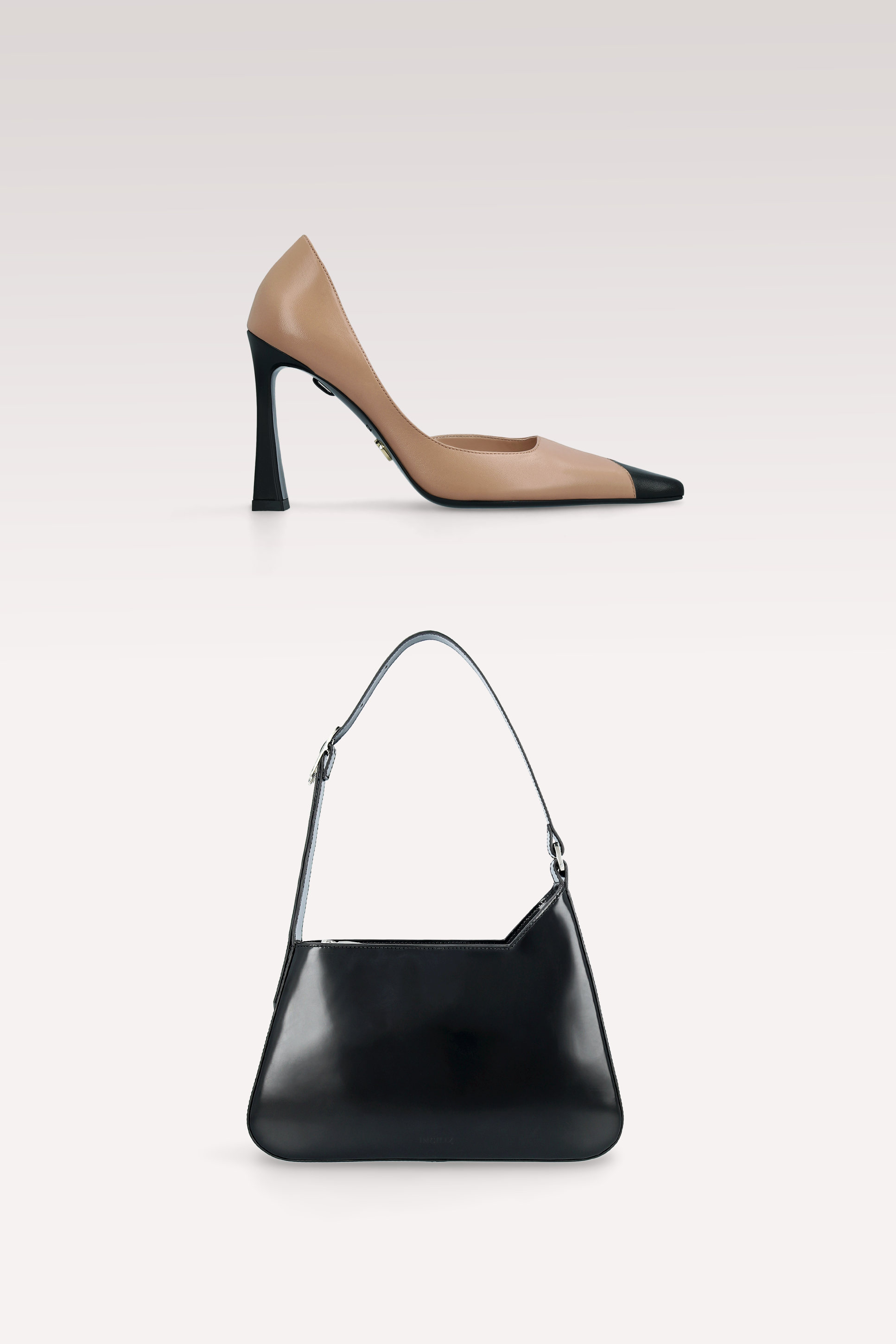 VESPER MOCHA MOUSSE AND BLACK LEATHER PUMPS AND DALIA BLACK SEMI PATENT LEATHER SHOULDER BAG