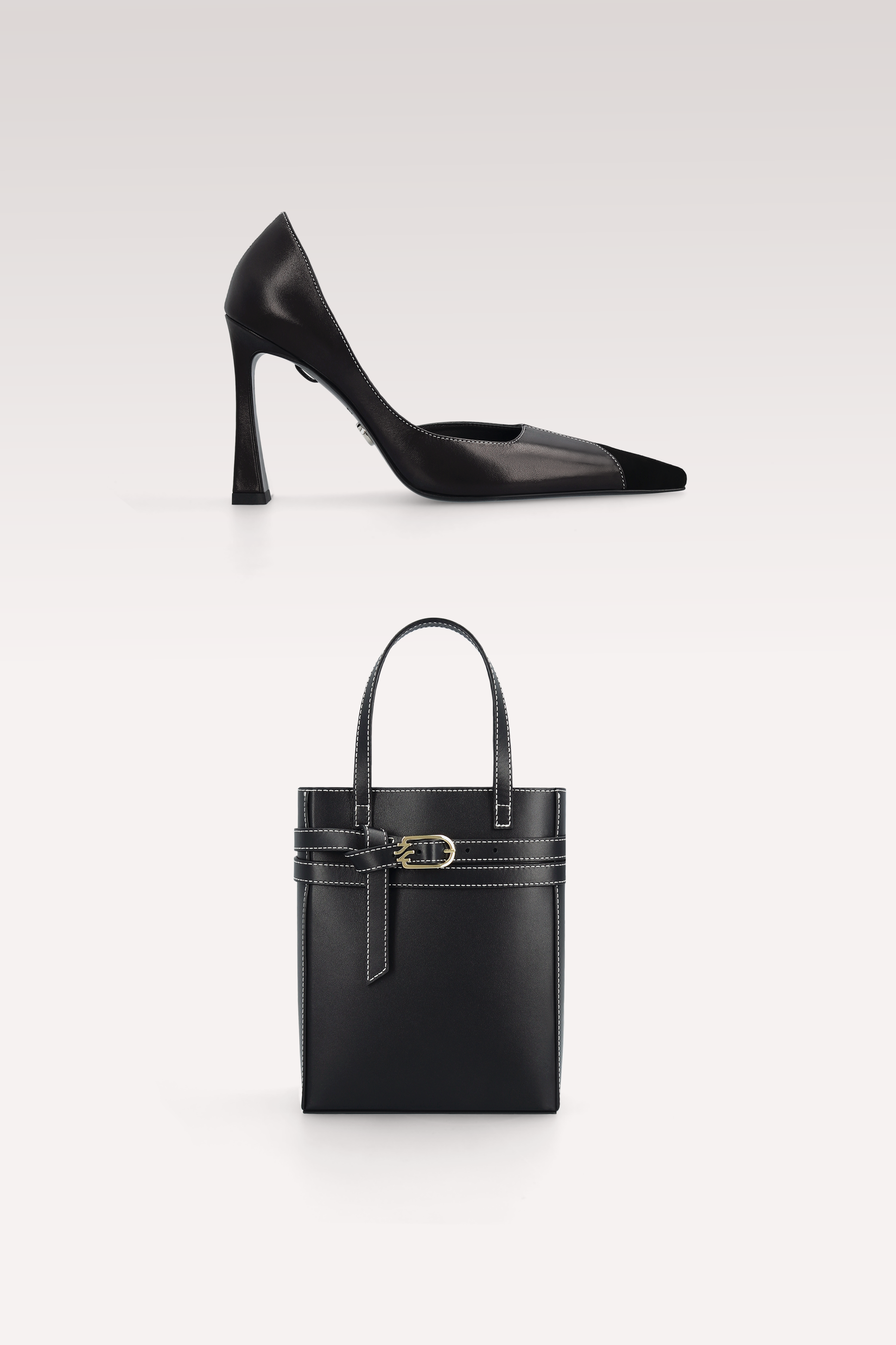 VESPER PUMPS AND CARRIE BLACK LEATHER CROSSBODY BAG WITH WHITE STITCHING