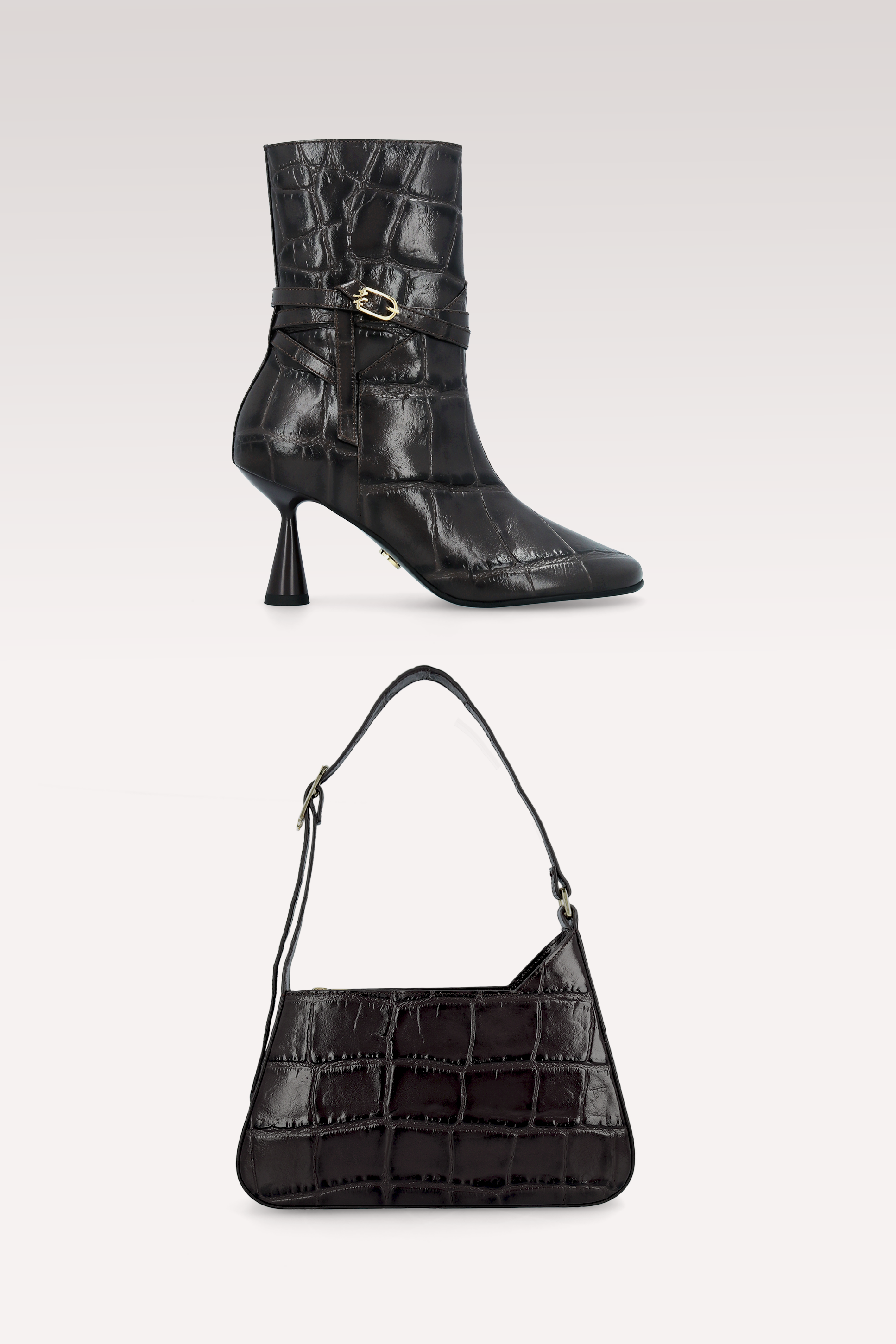 ZELDA BROWN COCCO EMBOSSED LEATHER ANKLE BOOTS AND DALIA SHOULDER BAG