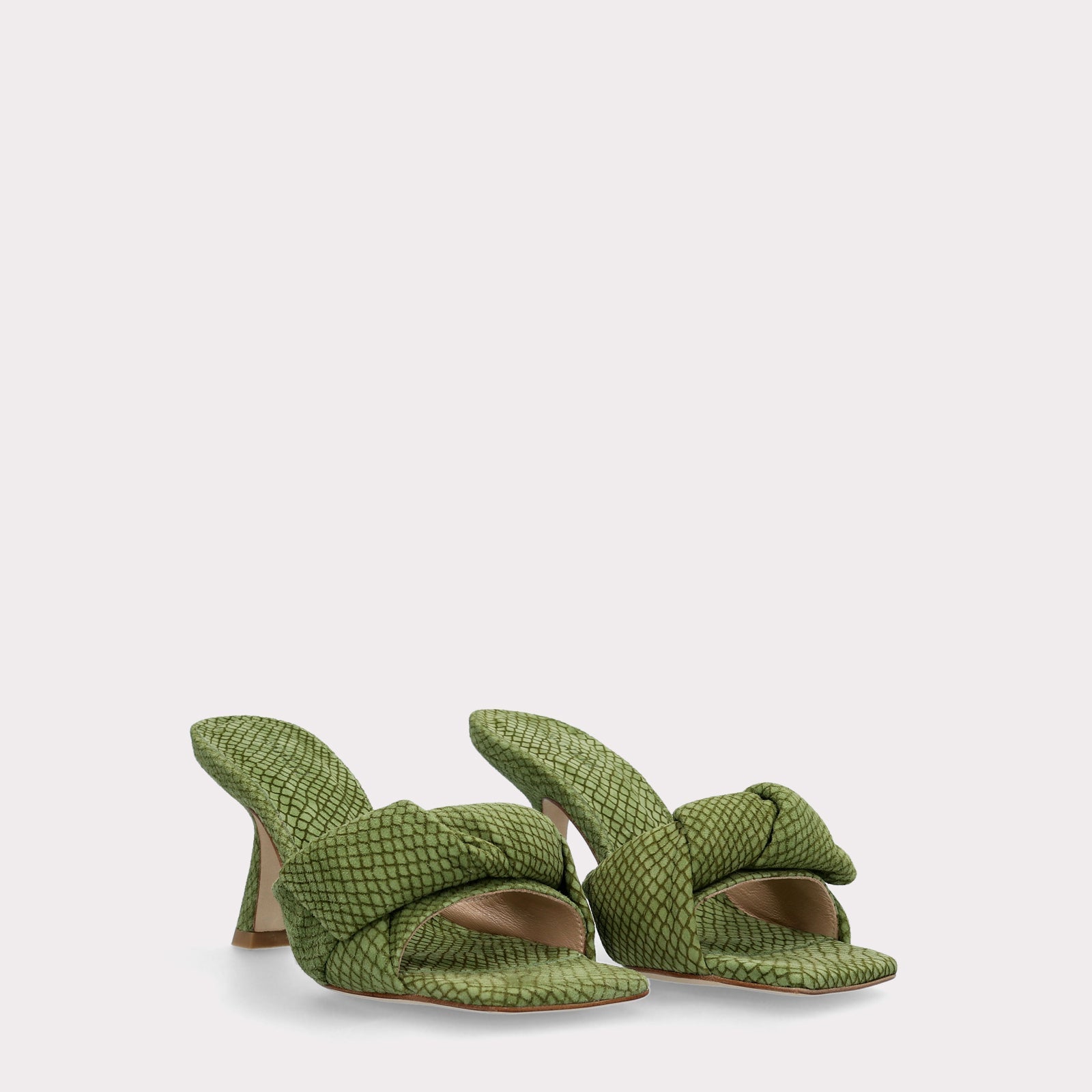 NIA OLIVE GREEN MINI VIPER EMBOSSED SUEDE LEATHER MULES