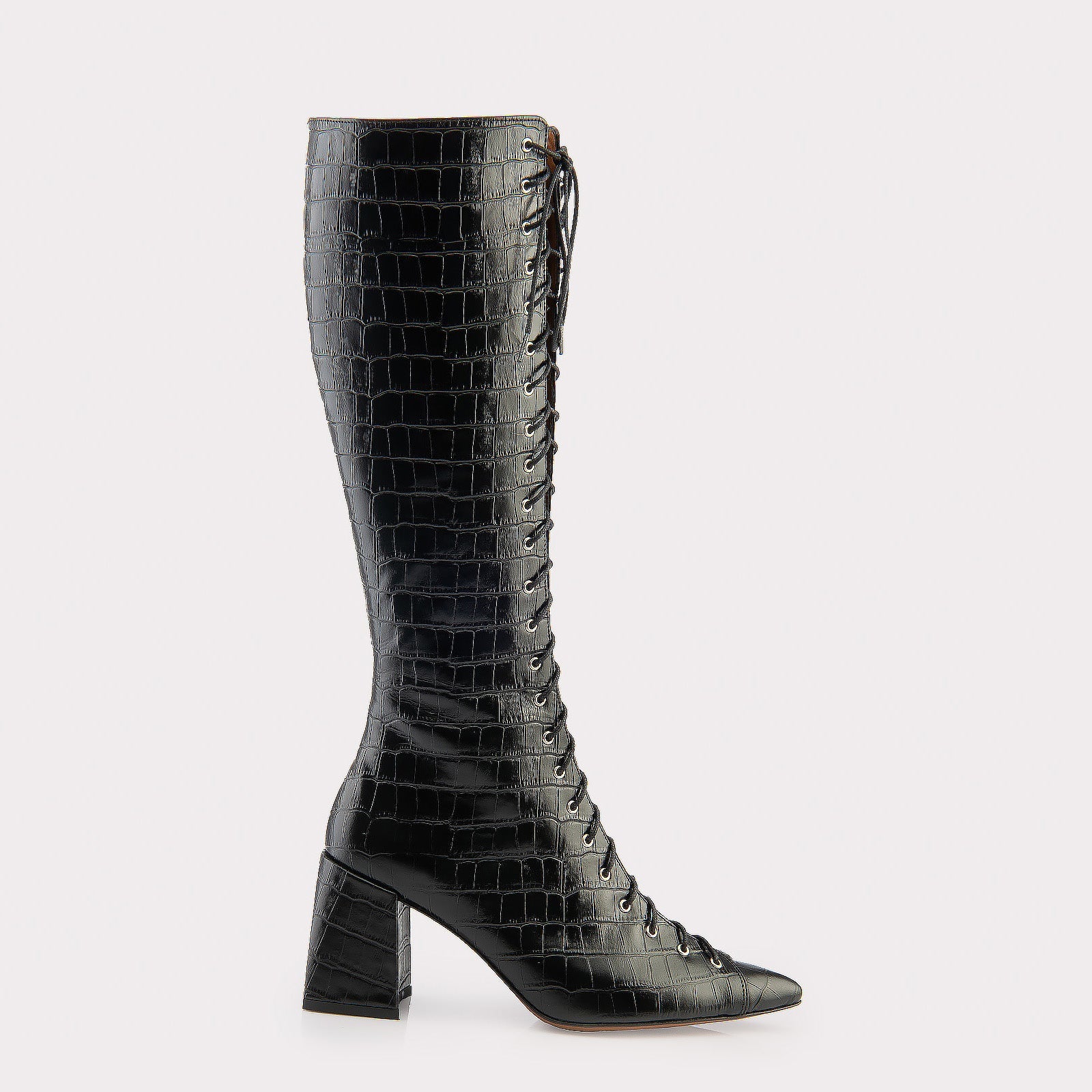 MONICA 03 BLACK CROCO EMBOSSED LEATHER BOOTS