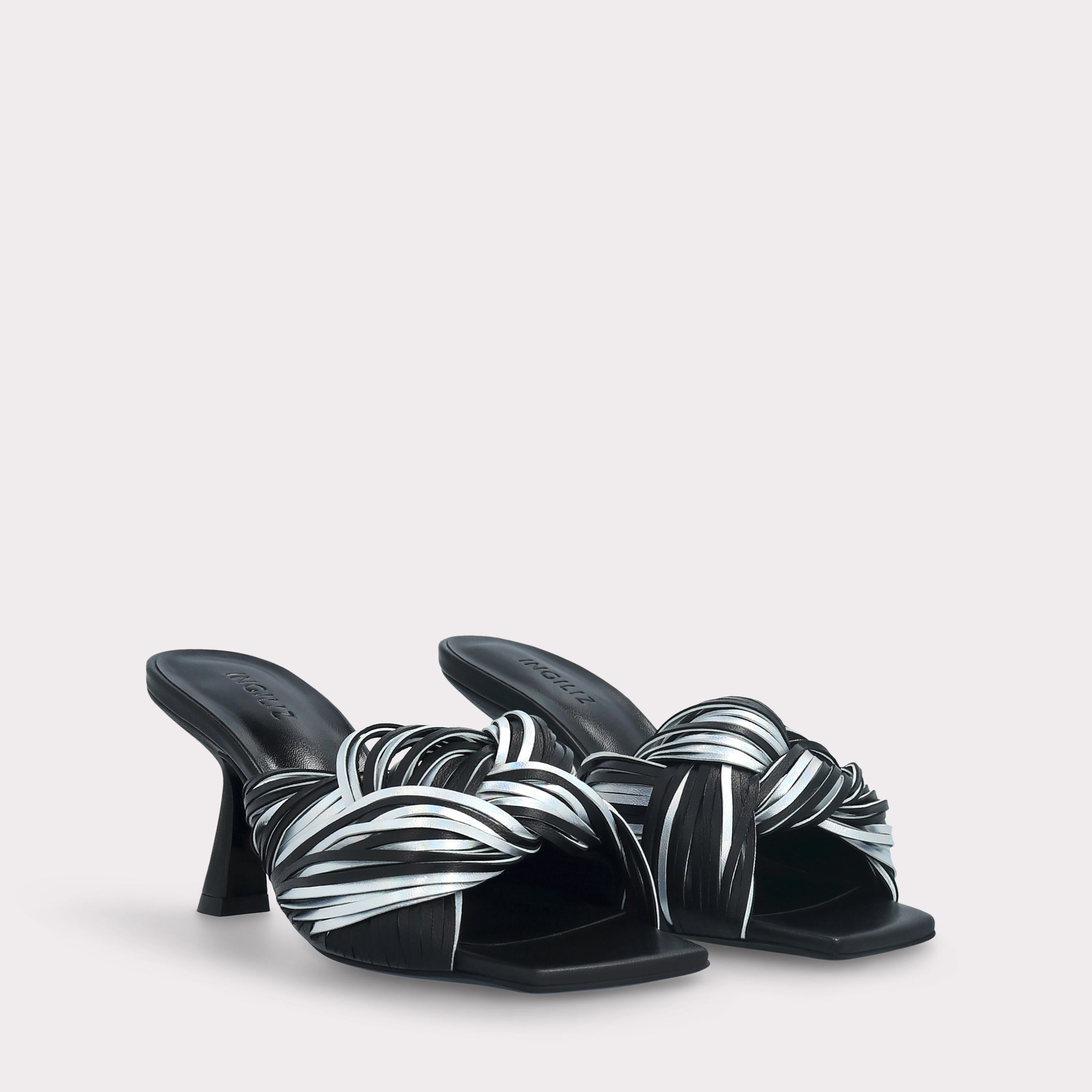 REESE BLACK NAPPA AND SILVER METALLIC LEATHER MULES