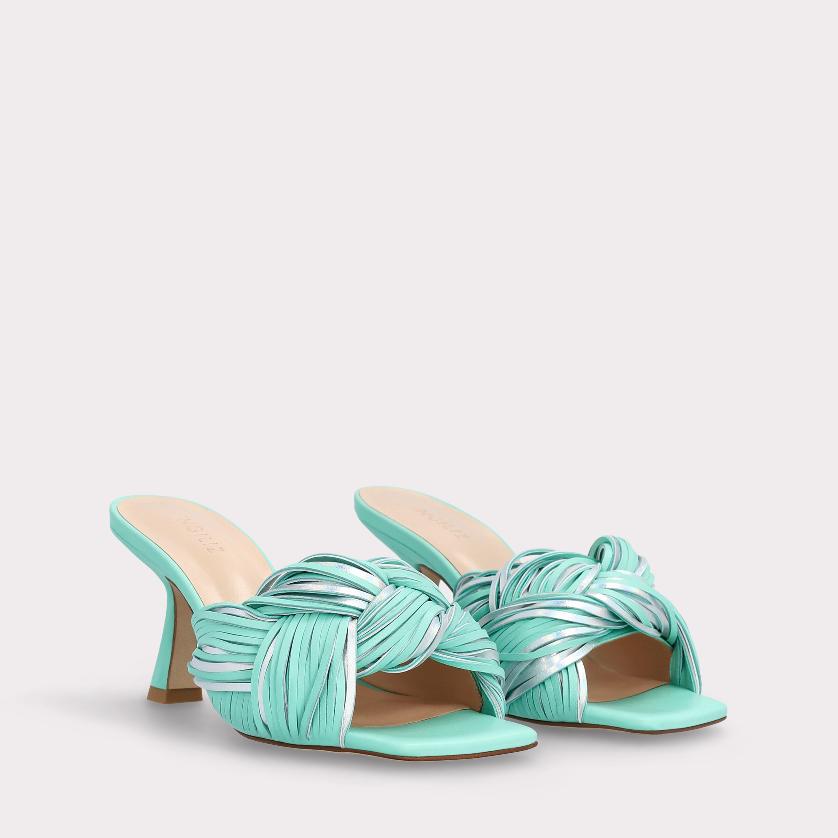 REESE ICE GREEN NAPPA AND SILVER METALLIC LEATHER MULES