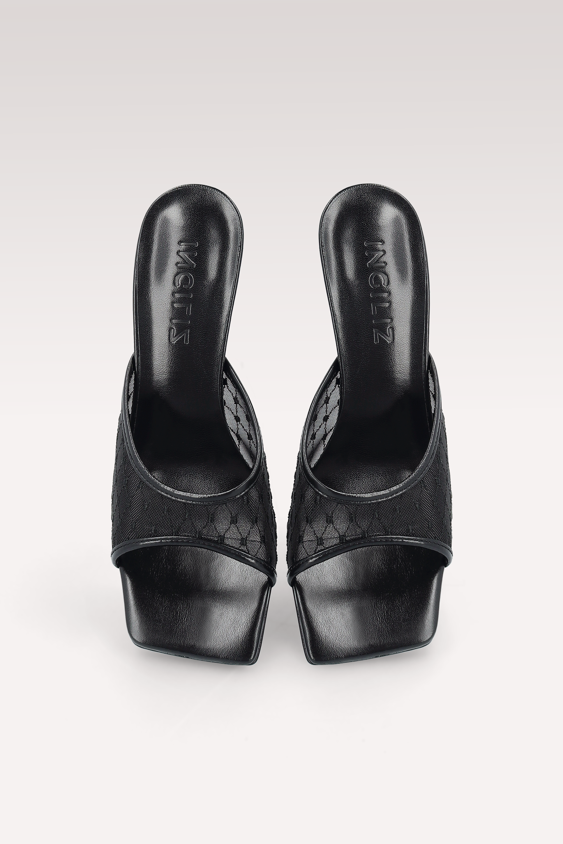 REY BLACK LEATHER AND DIAMOND MESH MULES