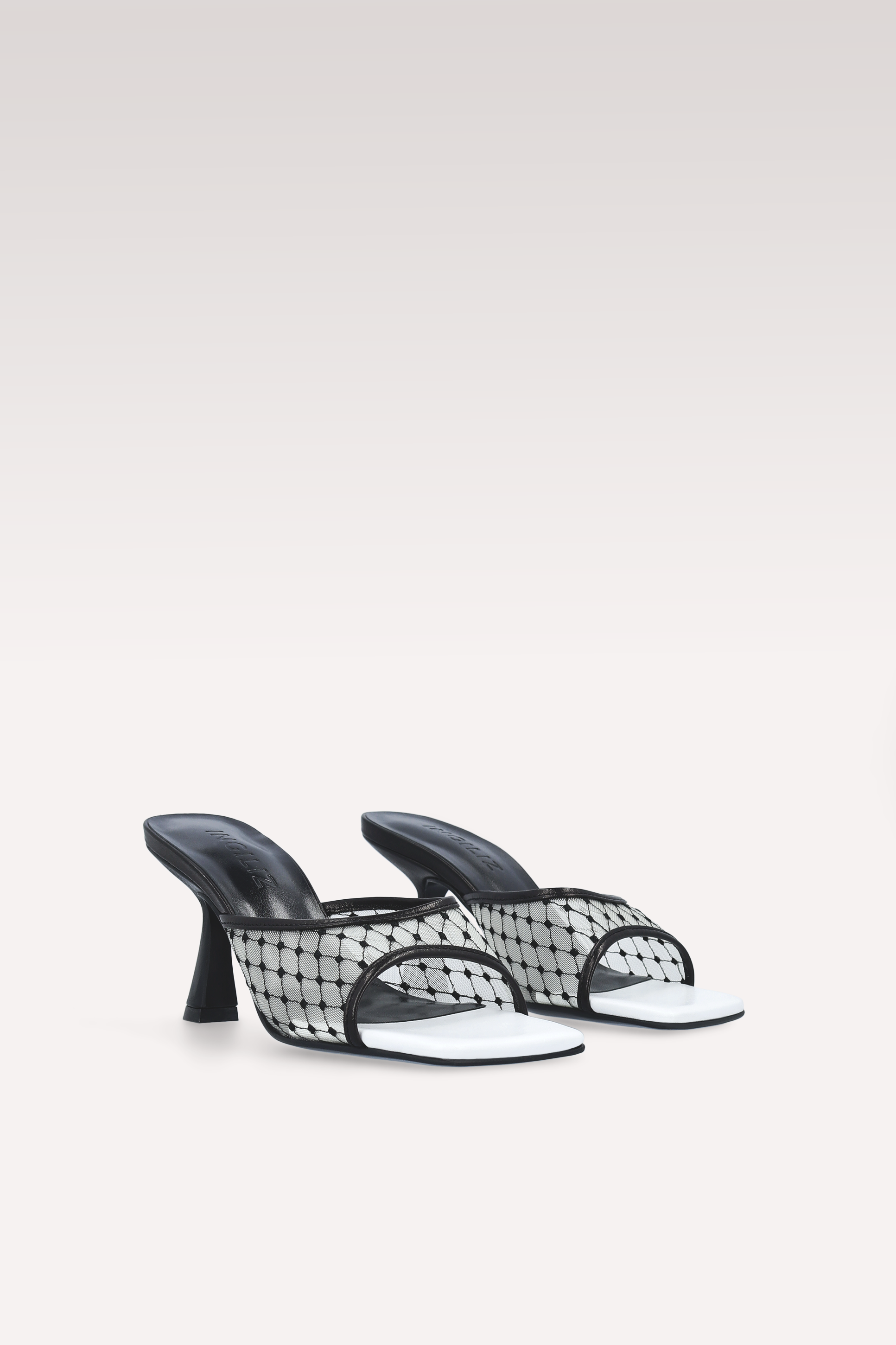 REY BLACK AND WHITE LEATHER AND DIAMOND MESH MULES