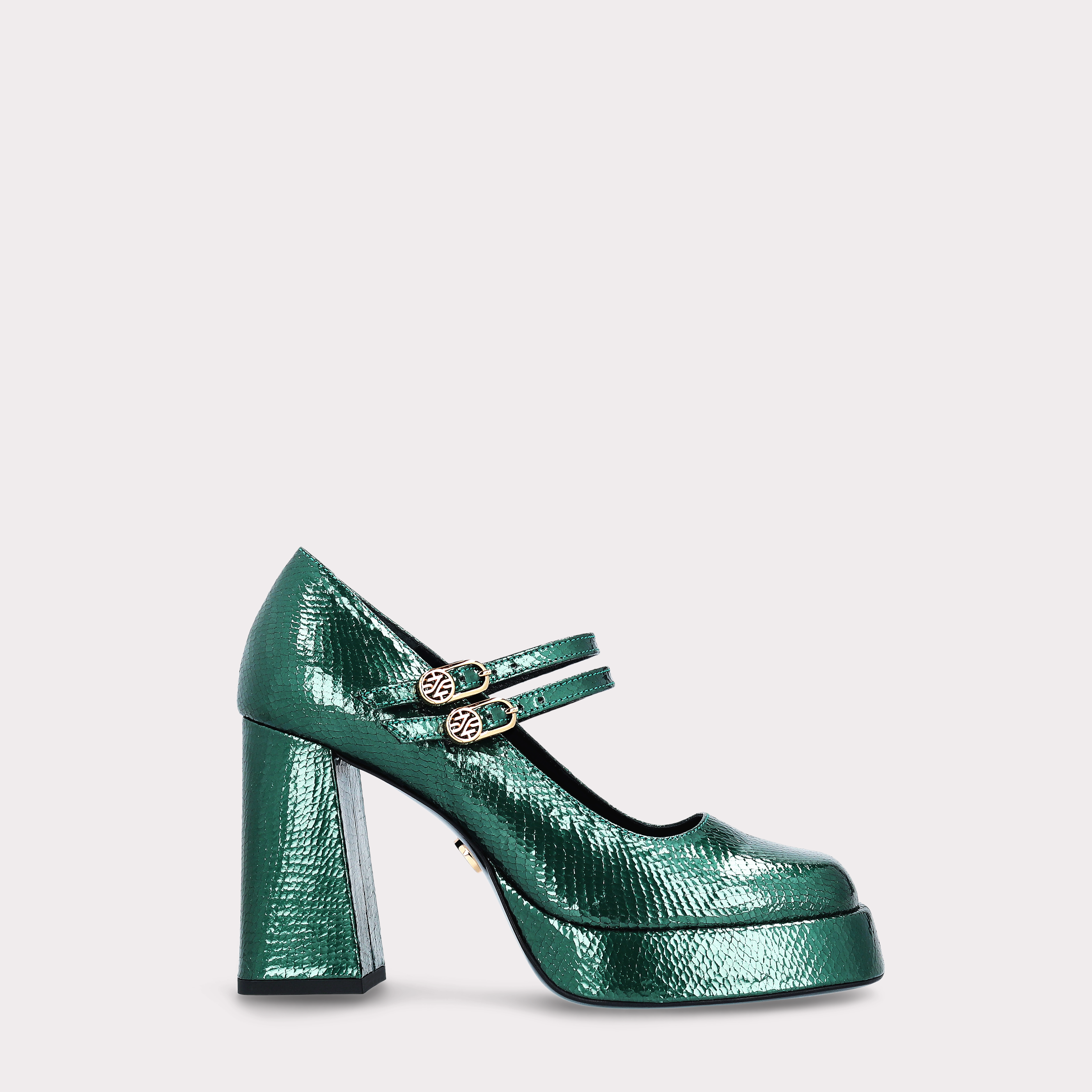 CINDY BEBE 01 MOSS GREEN MINI VIPER EMBOSSED LEATHER PLATFORM PUMPS