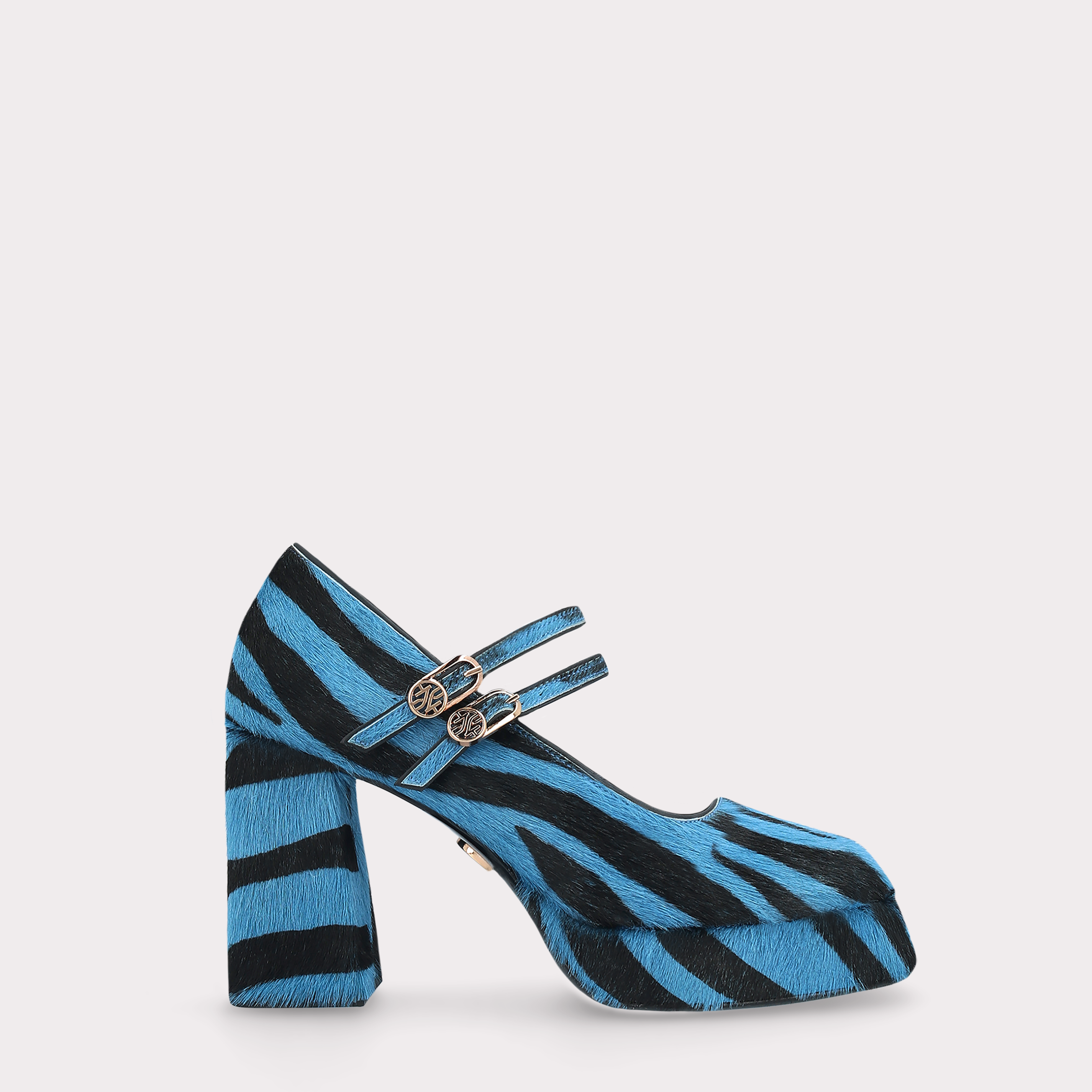 CINDY BEBE TWO 01 BLUE ZEBRA PRINT CALF HAIR PUMPS