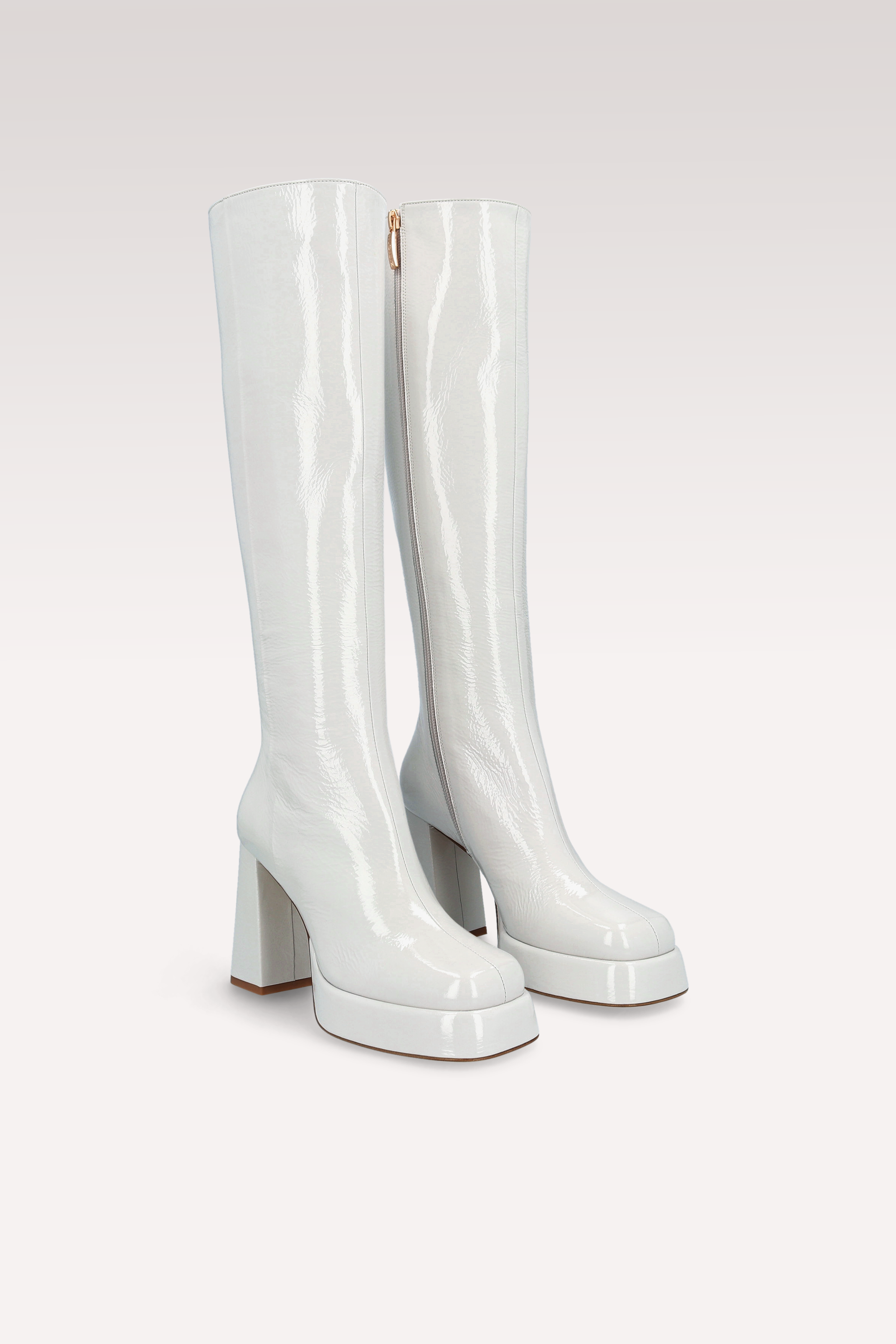 CINDY 01  STORM GRAY CRUSHED PATENT LEATHER PLATFORM BOOTS