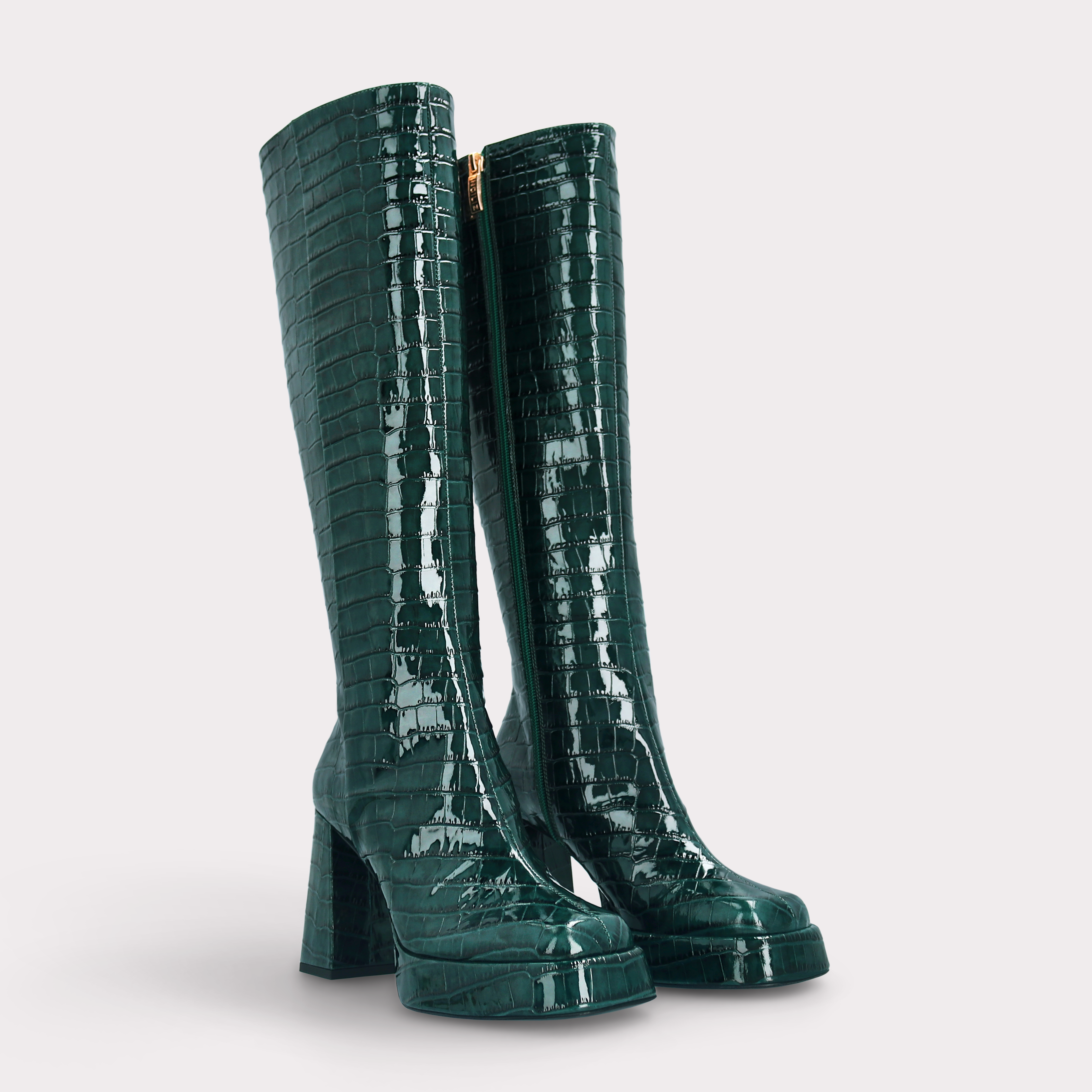 CINDY BOOT 01 GREEN PATENT CROCO EMBOSSED LEATHER PLATFORM BOOTS