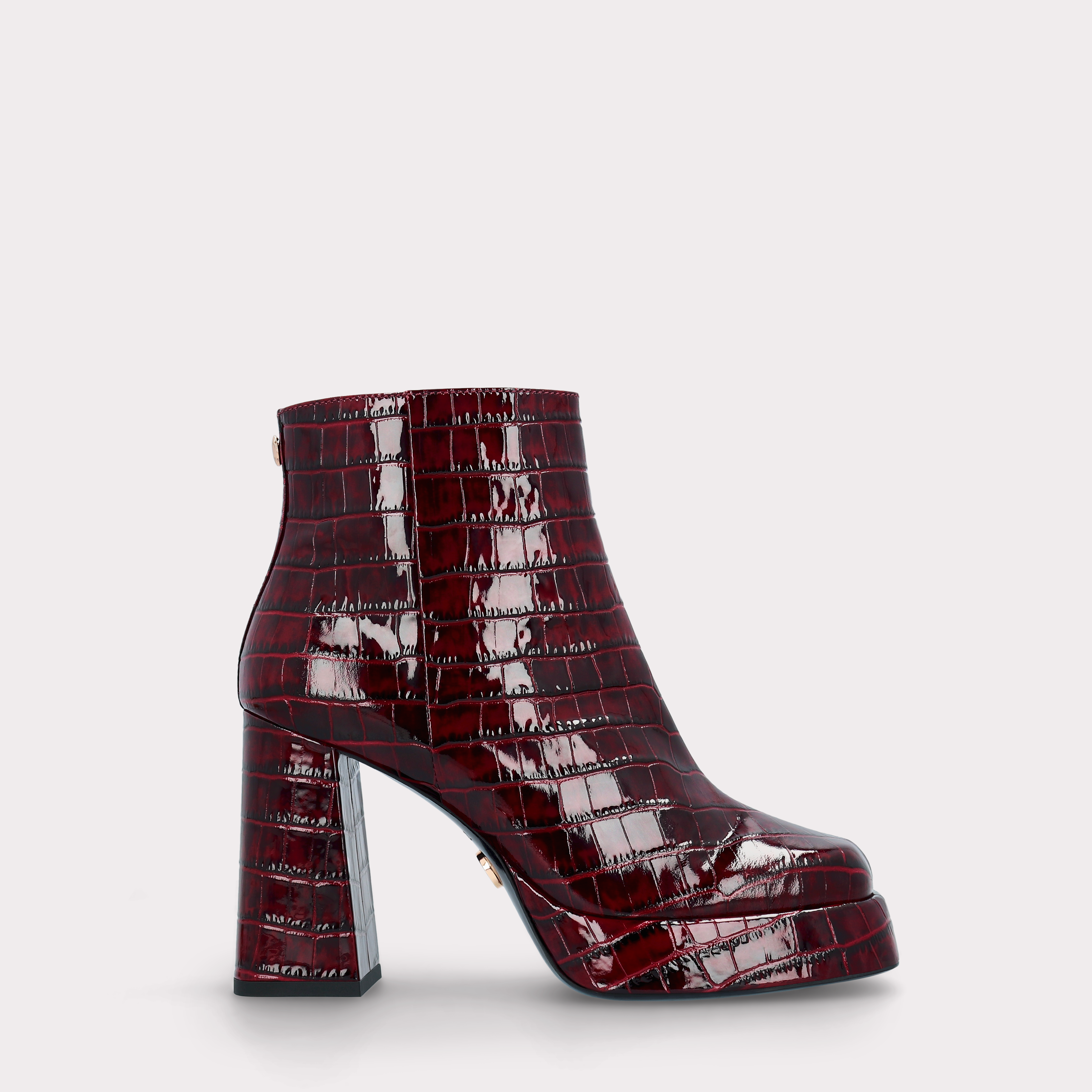 CINDY ZIP 02 BORDEAUX PATENT CROCO EMBOSSED LEATHER PLATFORM ANKLE BOOTS