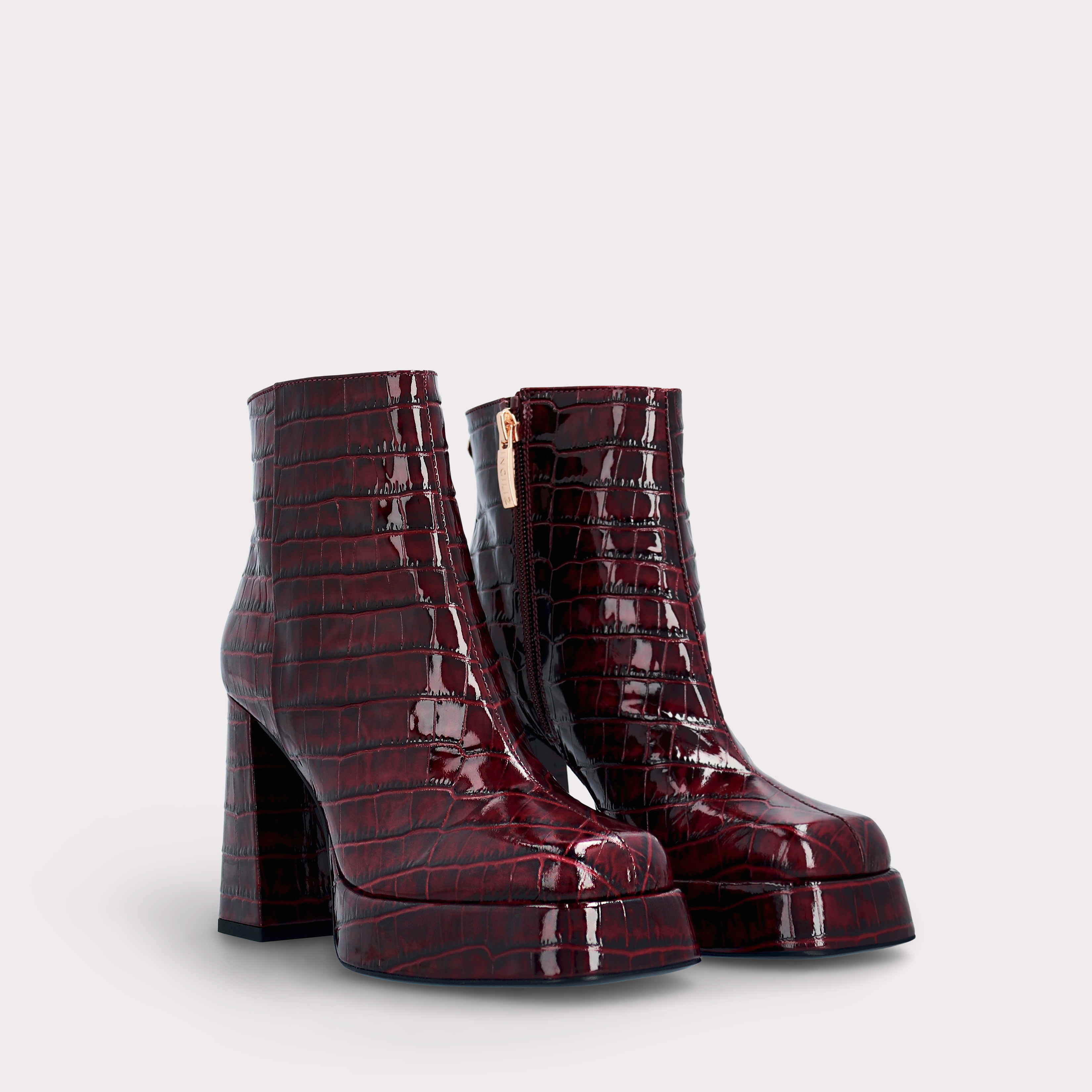 CINDY ZIP 02 BORDEAUX PATENT CROCO EMBOSSED LEATHER PLATFORM ANKLE BOOTS