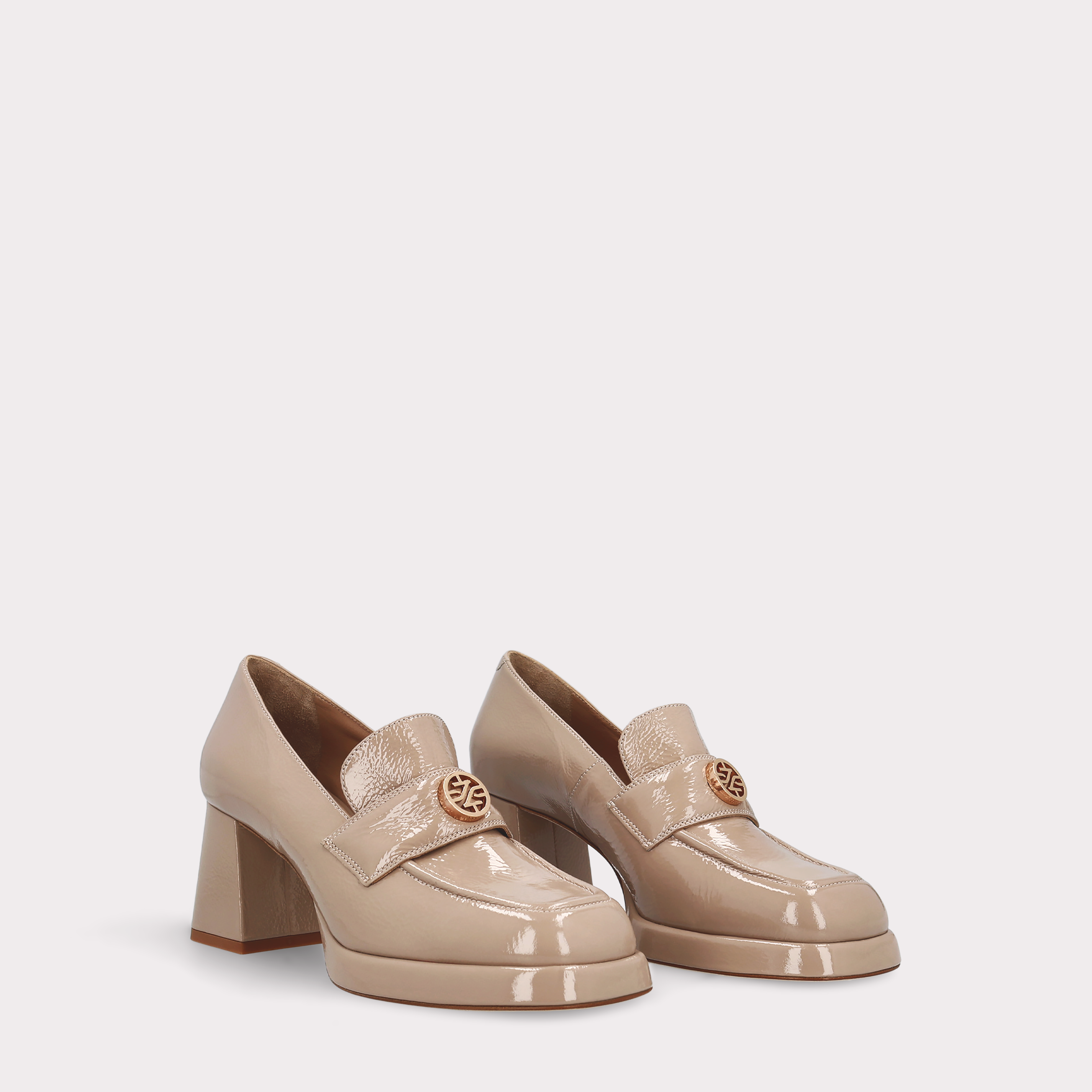 CONNIE MOK 02 BEIGE CRUSHED PATENT LEATHER PLATFORM PUMPS