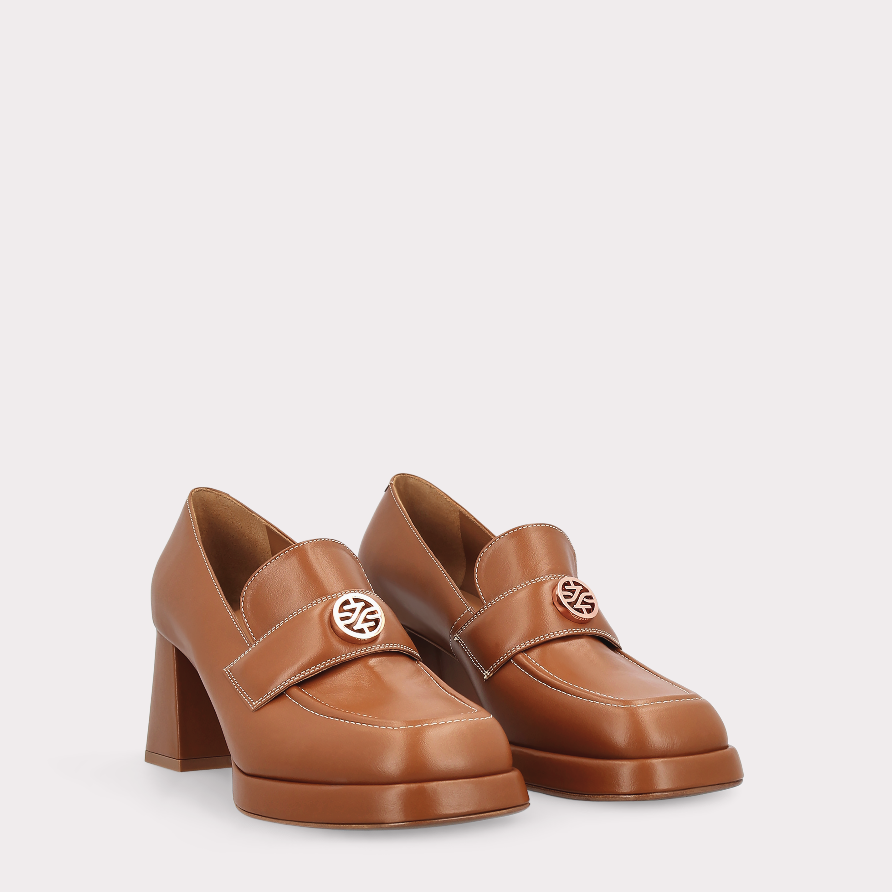 CONNIE MOK 02 BROWN STITCH LEATHER PLATFORM PUMPS