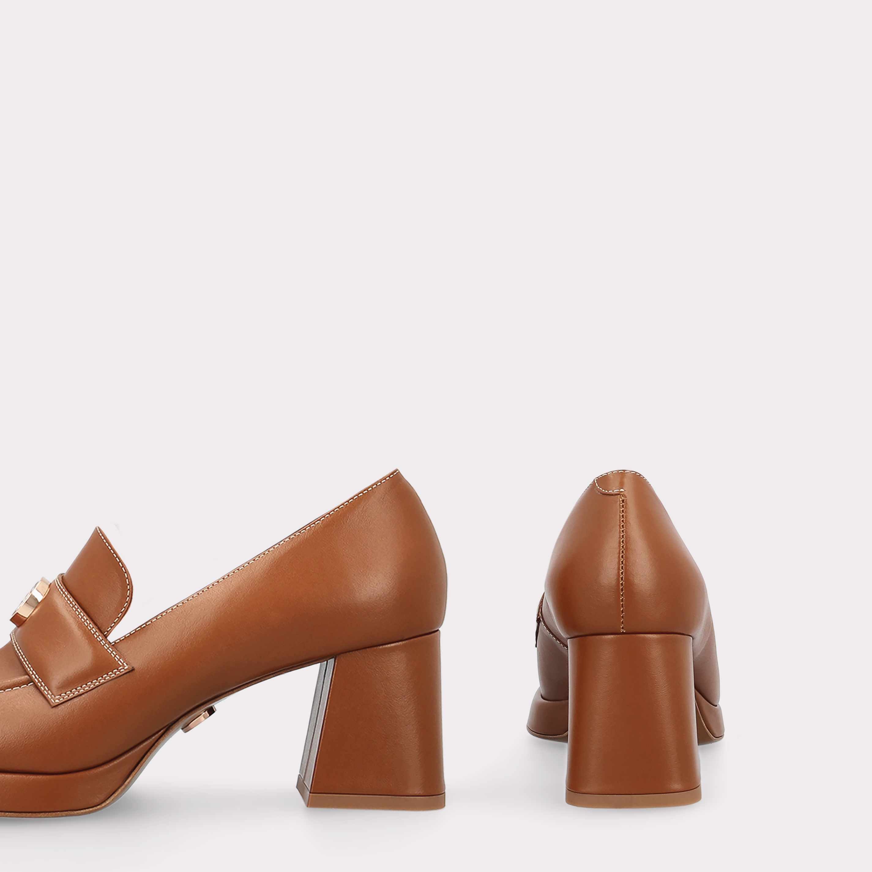 CONNIE MOK 02 BROWN STITCH LEATHER PLATFORM PUMPS