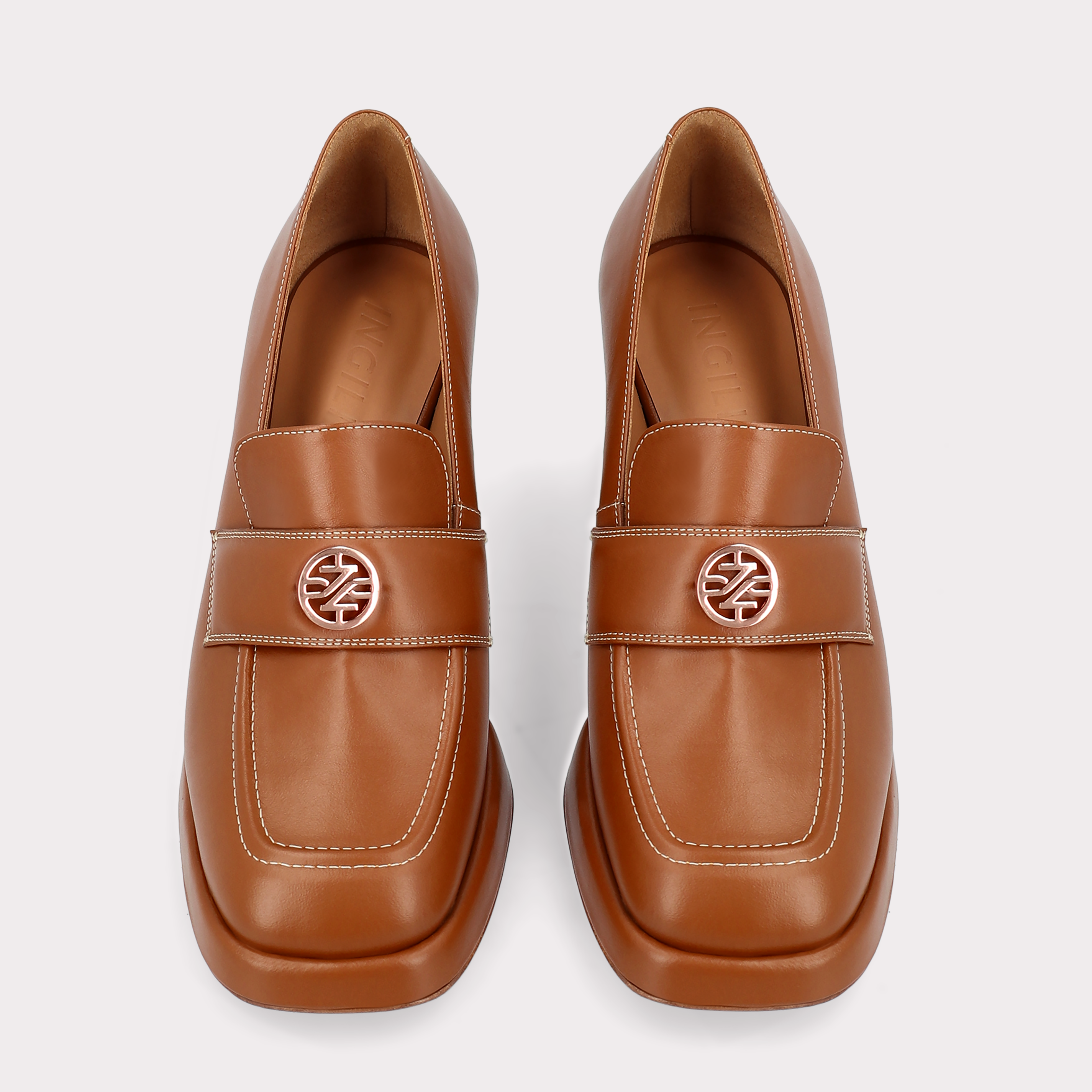 CONNIE MOK 02 BROWN STITCH LEATHER PLATFORM PUMPS