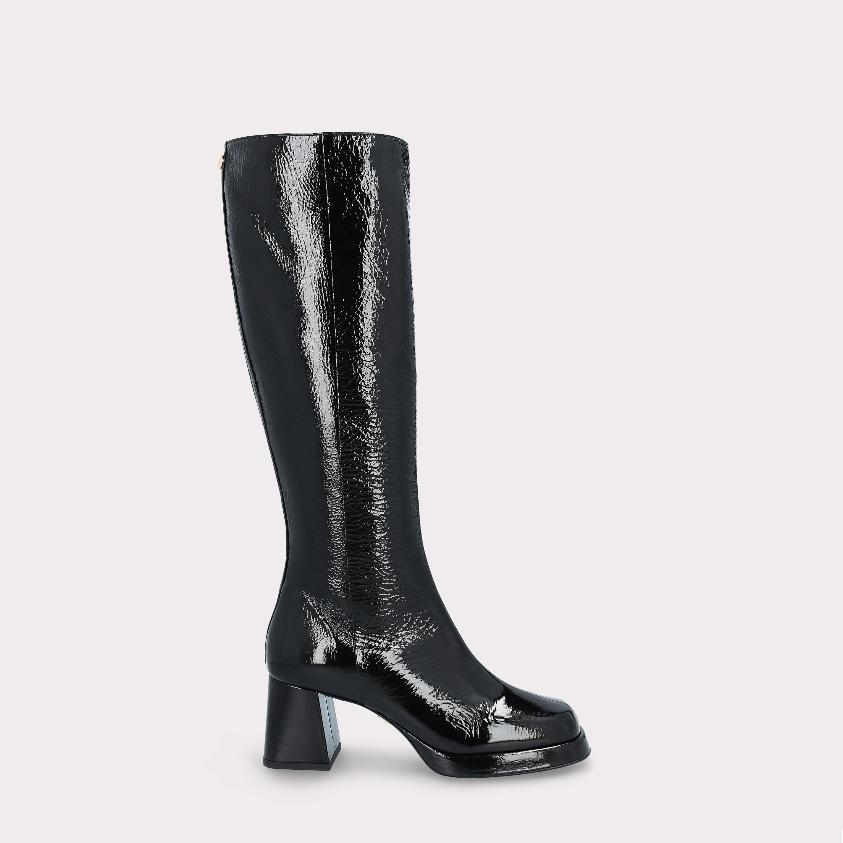 CONNIE B BLACK CRUSHED PATENT LEATHER PLATFORM BOOTS