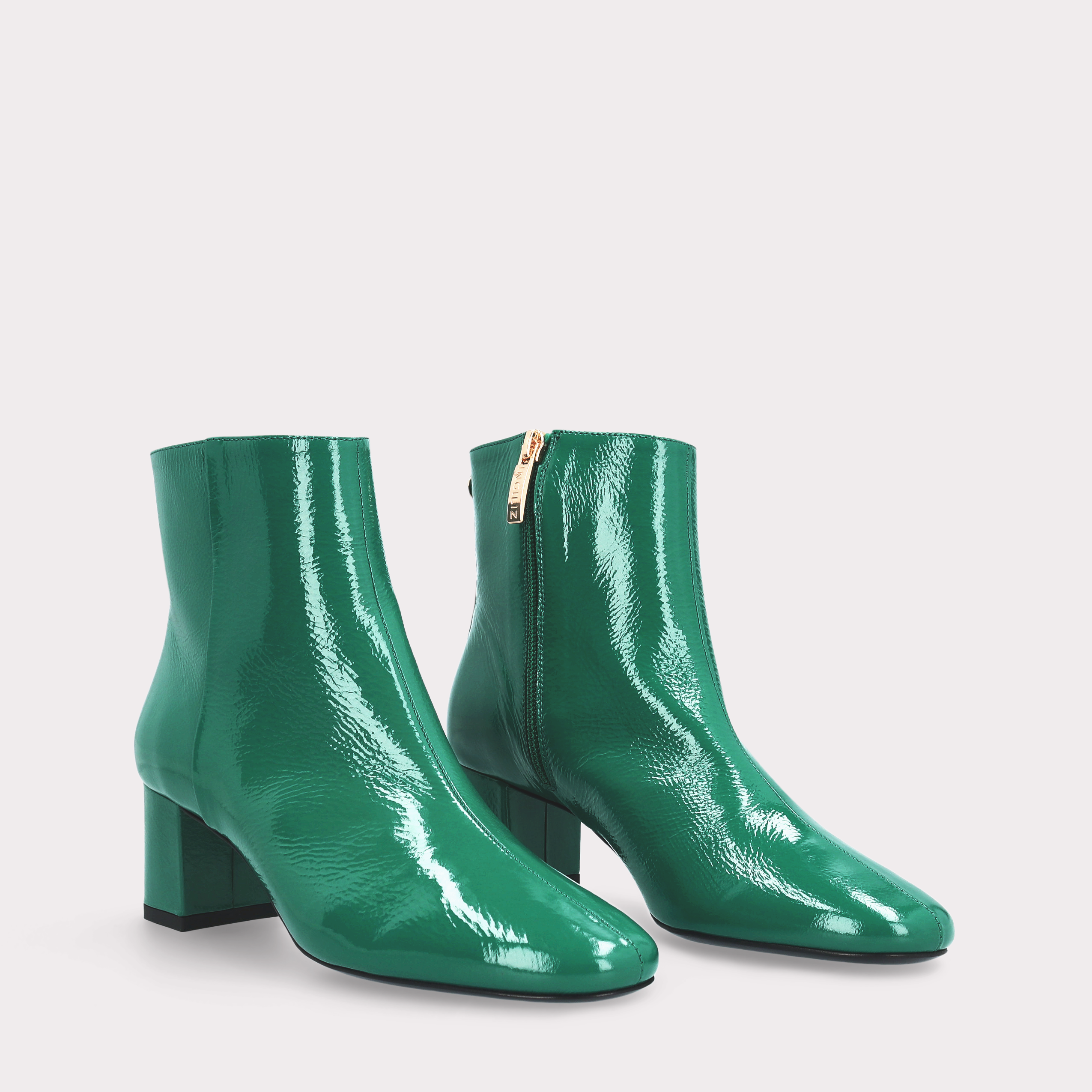 DEBBY ZIP 01 GREEN CRUSHED PATENT LEATHER ANKLE BOOTS