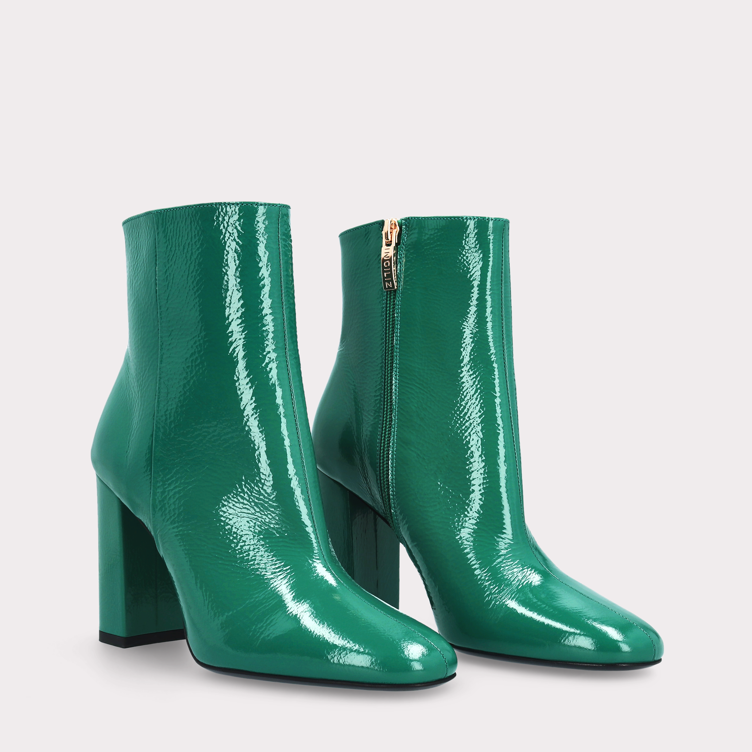 DELMA GREEN CRUSHED PATENT LEATHER ANKLE BOOTS