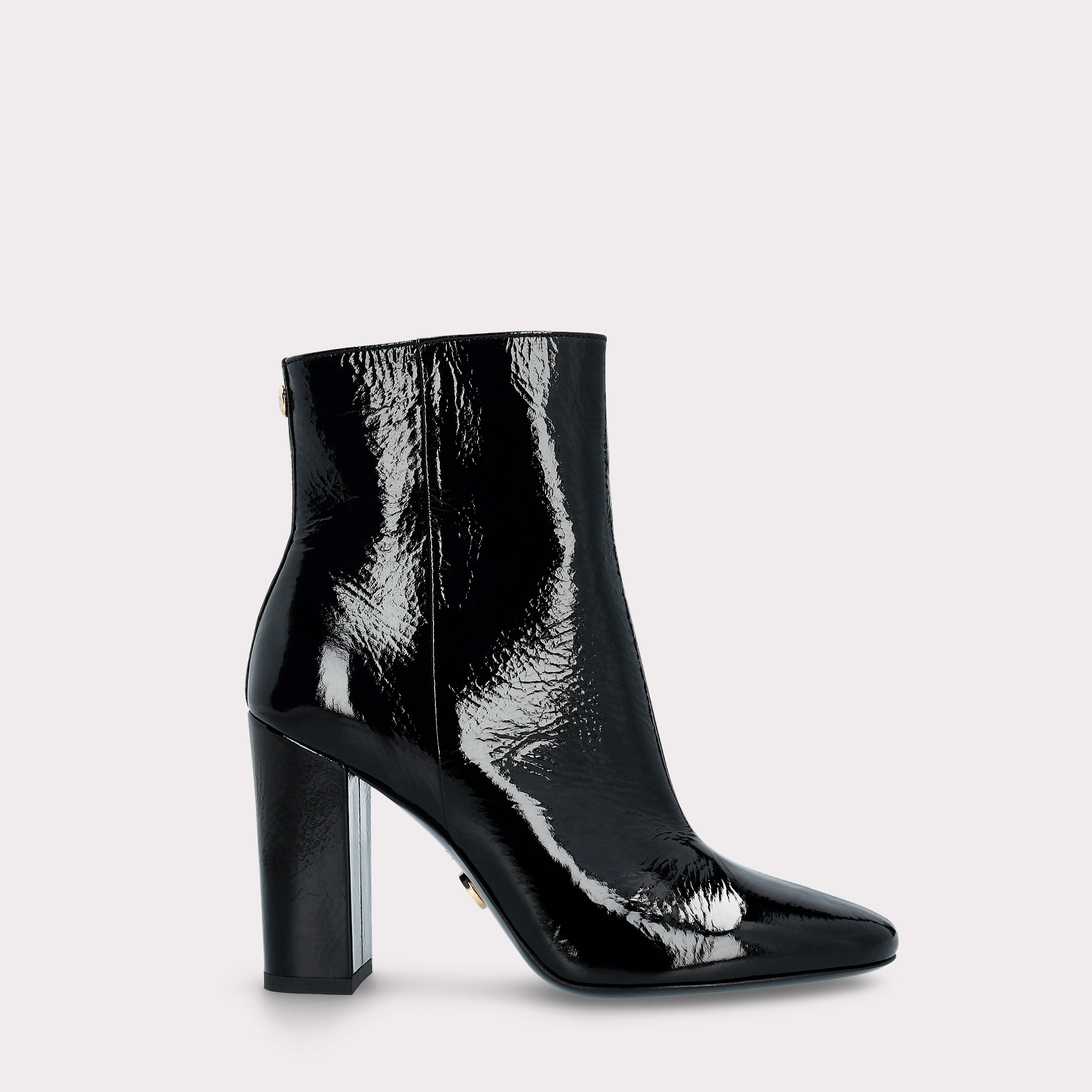 DELMA BLACK CRUSHED PATENT LEATHER ANKLE BOOTS