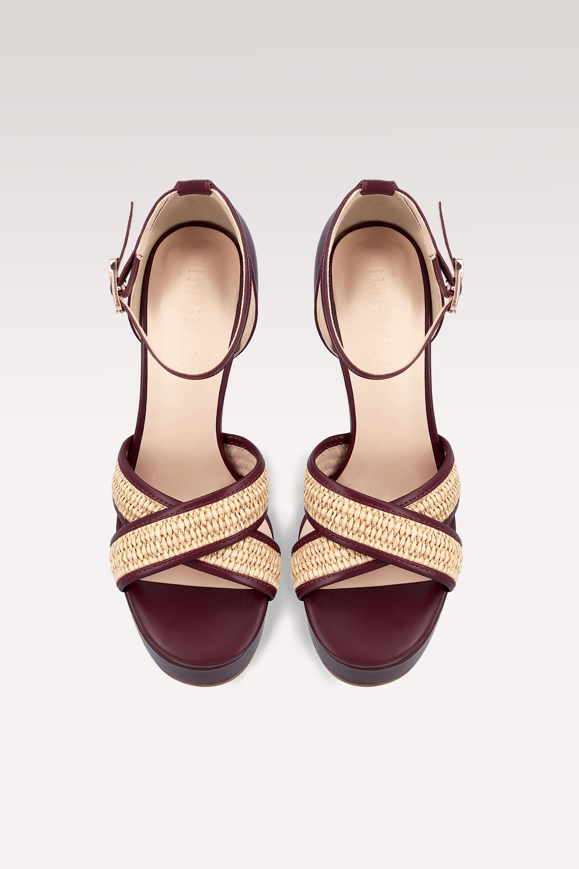 PATTY RAFFIA AND BORDEAUX LEATHER PLATFORM SANDALS