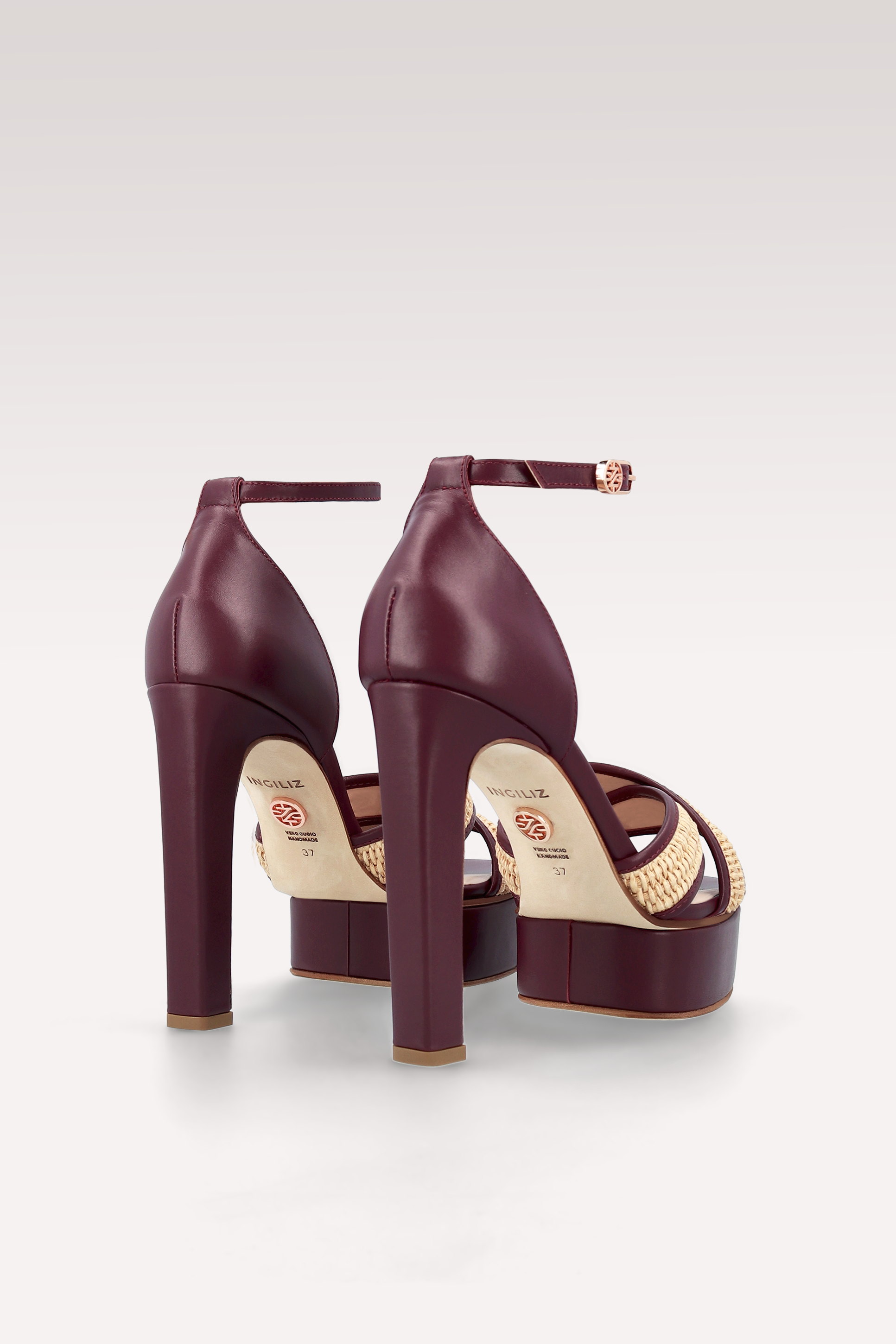 PATTY RAFFIA AND BORDEAUX LEATHER PLATFORM SANDALS